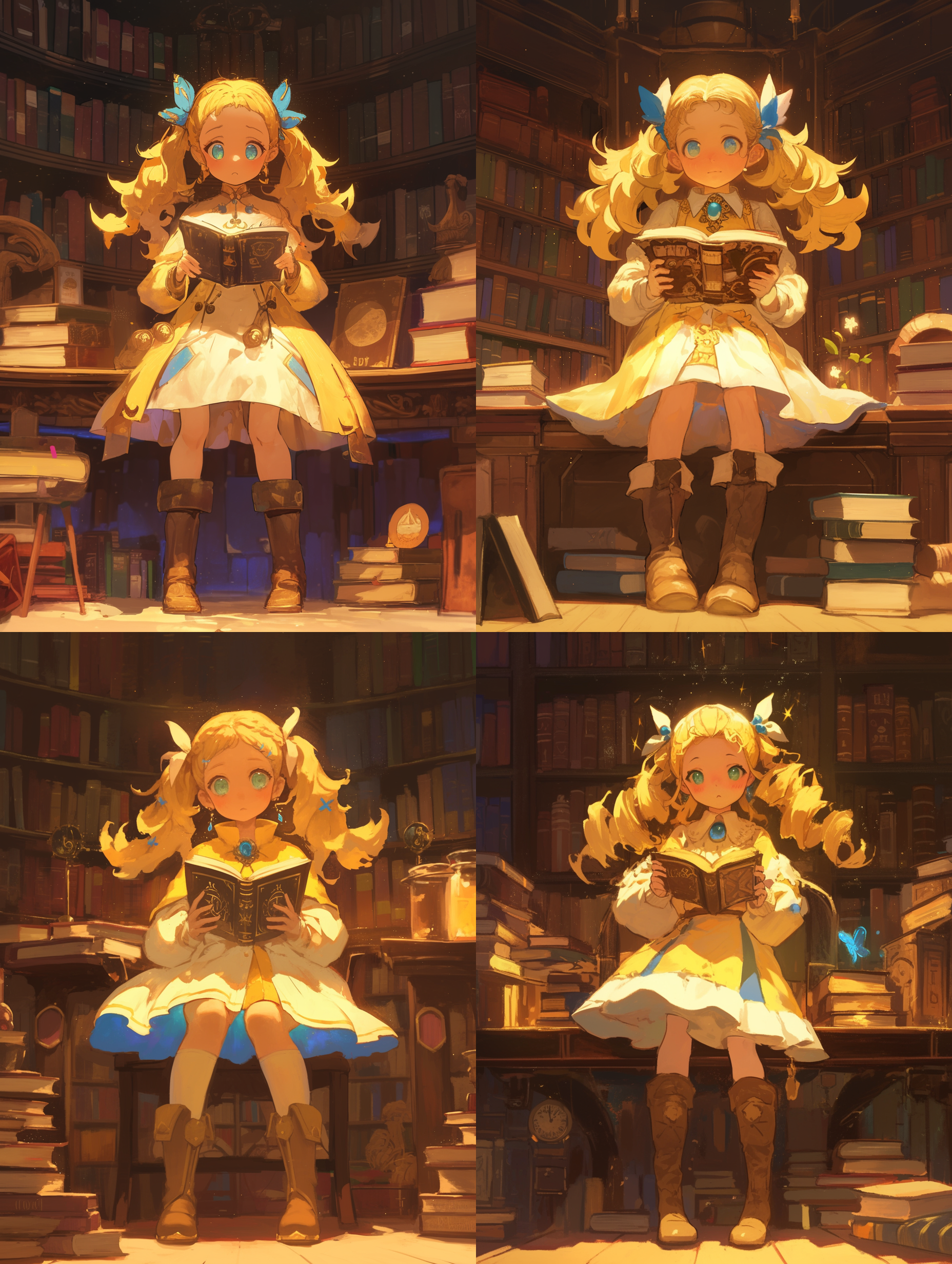 女孩图书馆阅读，淡黄色长裙带蓝色元素，金黄色双马尾，棕色小腿靴，书架前，广角镜头，柔和光线，自然姿态，手指细节，身体流畅，面部表情专注，暖色调，文化氛围，静谧环境。 全身角色 白黄 图书馆背景 跑跑姜饼人