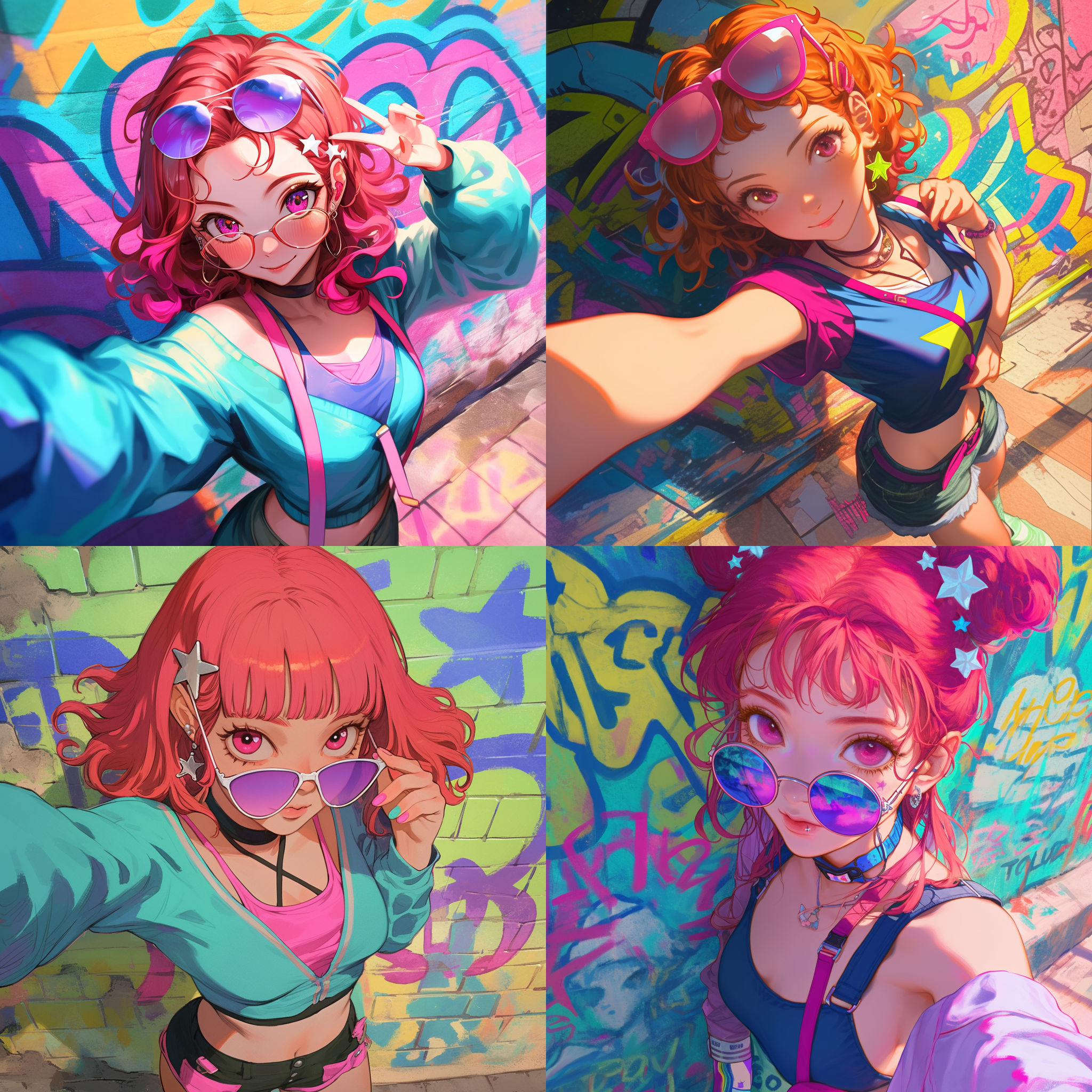 卡通角色自拍，近景，涂鸦墙前，千禧年美学，俯视角度，高清晰度，4:3比例，亚洲女孩粉眼红发，黑短裤粉背带，墨镜，卷发蓝衣，直发白衣星夹，绿背带牛仔裤，涂鸦墙英文字母，奇特壁画，鸟山明风格，90年代手绘，细线条，鲜艳色彩，俯瞰视角，超高清。