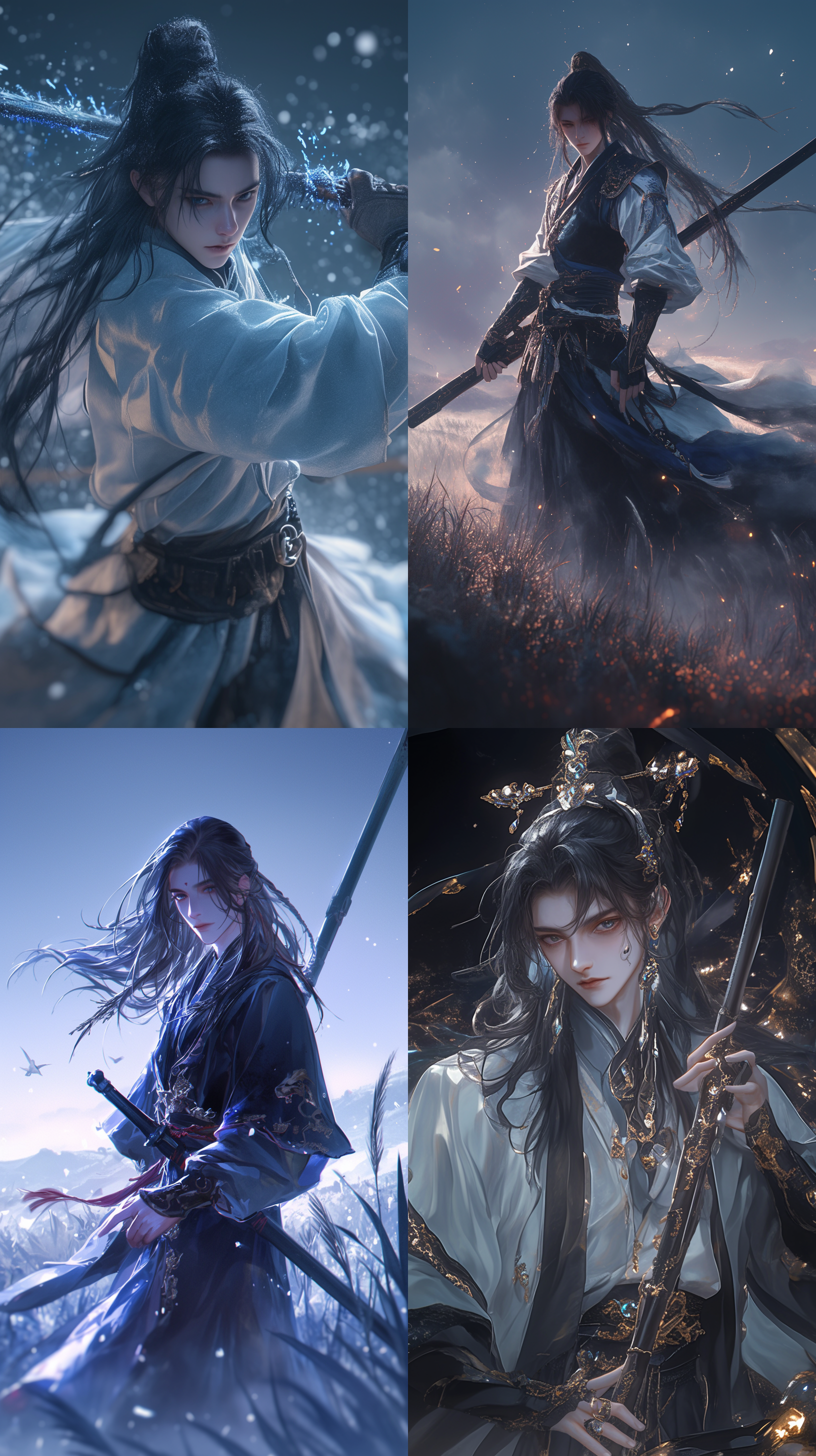 男人20岁，中国风古风，黑色长发，精致五官，白晰皮肤，手拿长枪，正视镜头，星空夜景，草地，画面中间，广角镜头，动态模糊，8k分辨率，倾国倾城，详细细节，正视镜头，高对比度，暖色调，侧光，紧张，神秘。