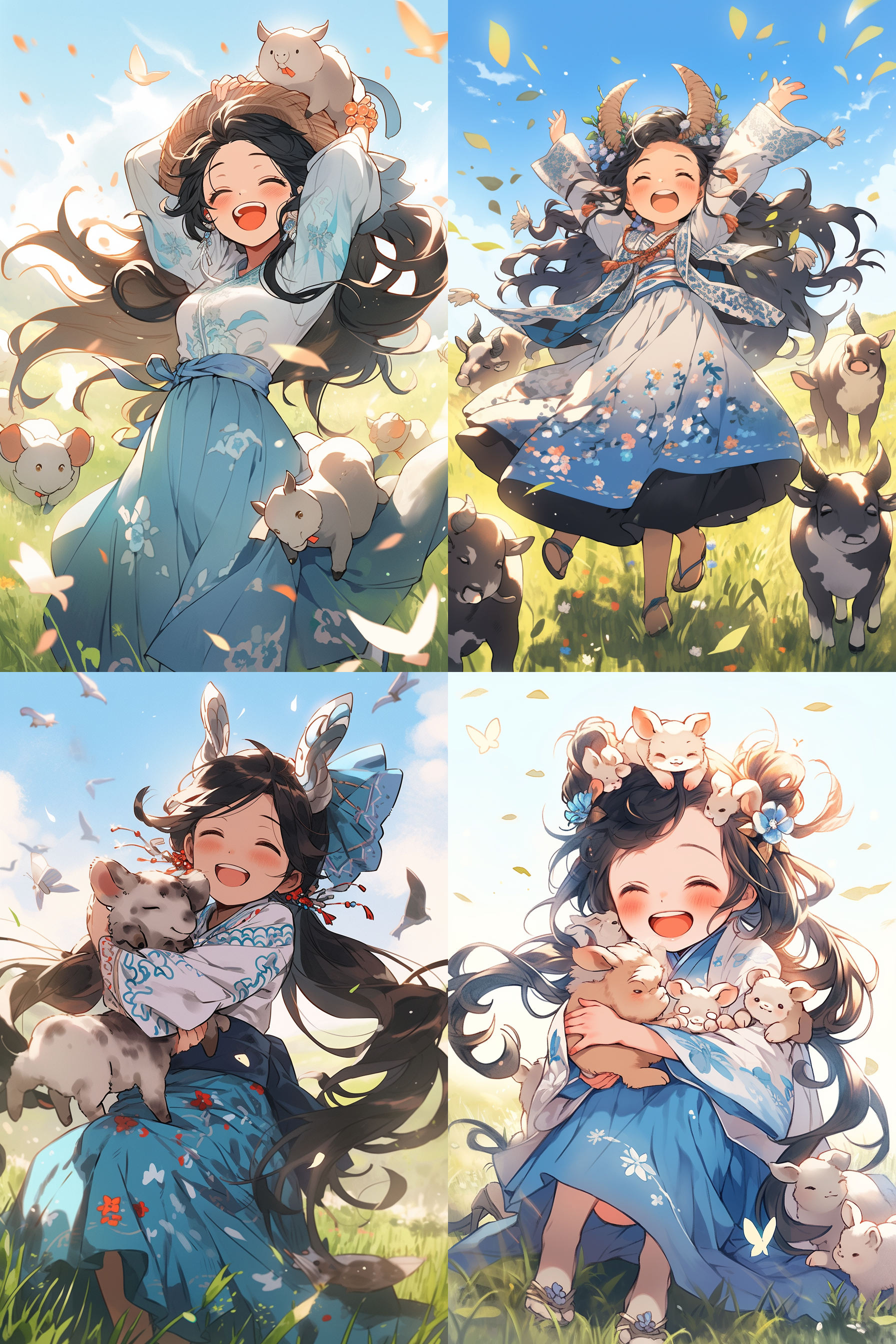 一个可爱少女，动漫风格，长着一张娃娃脸，身穿一件蓝白相间的少数民族服装，黑色长发披肩，头上戴着头冠，在草原上翩翩起舞，身边有很多蝴蝶围绕着她，还有羊群，笑的很开心，温柔气质，眼睛闪闪发光