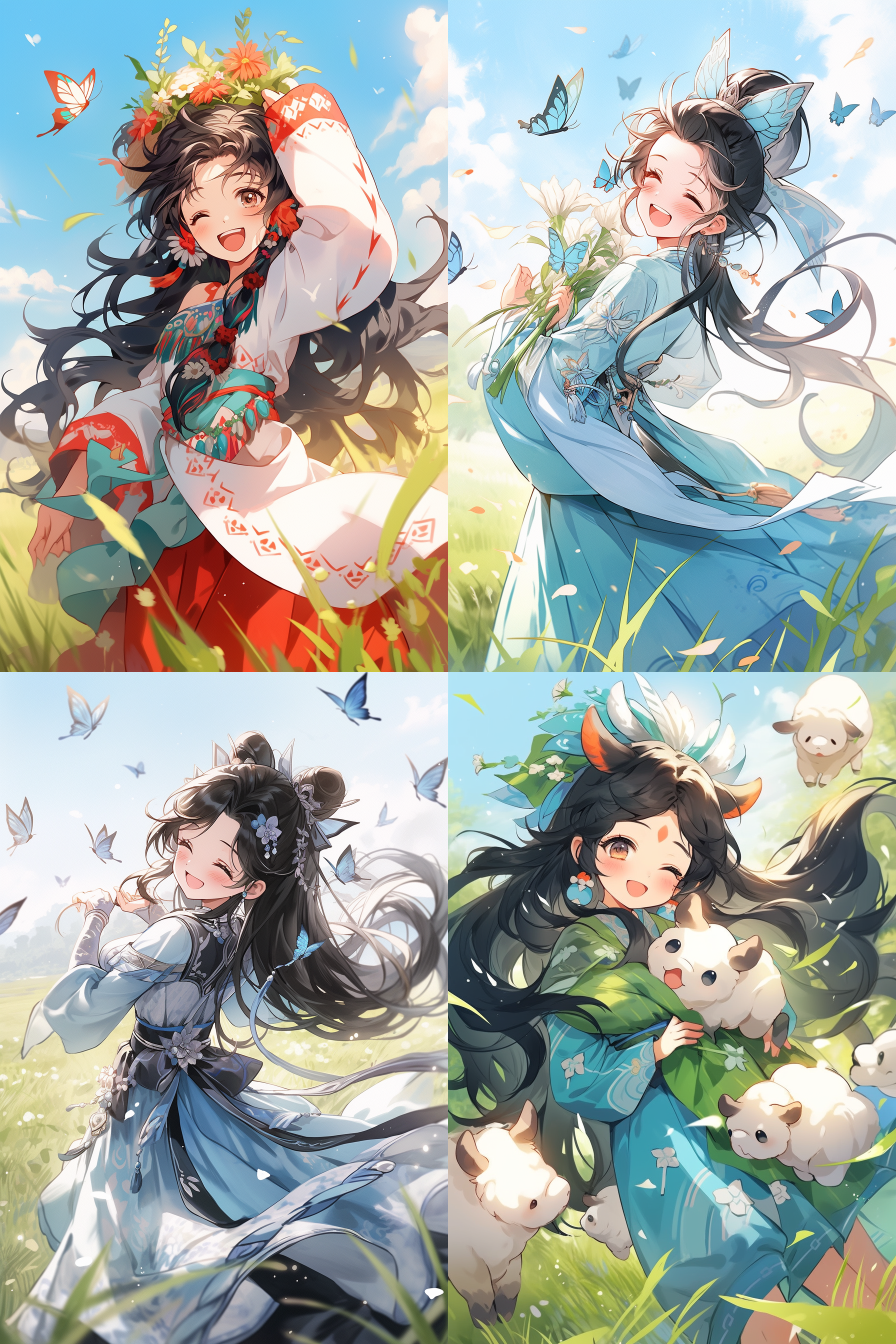 一个18岁的可爱少女，动漫风格，长着一张娃娃脸，身穿一件蓝白相间的少数民族服装，黑色长发披肩，头上戴着头冠，在草原上翩翩起舞，身边有很多蝴蝶围绕着她，还有羊群，笑的很开心，温柔气质，眼睛闪闪发光