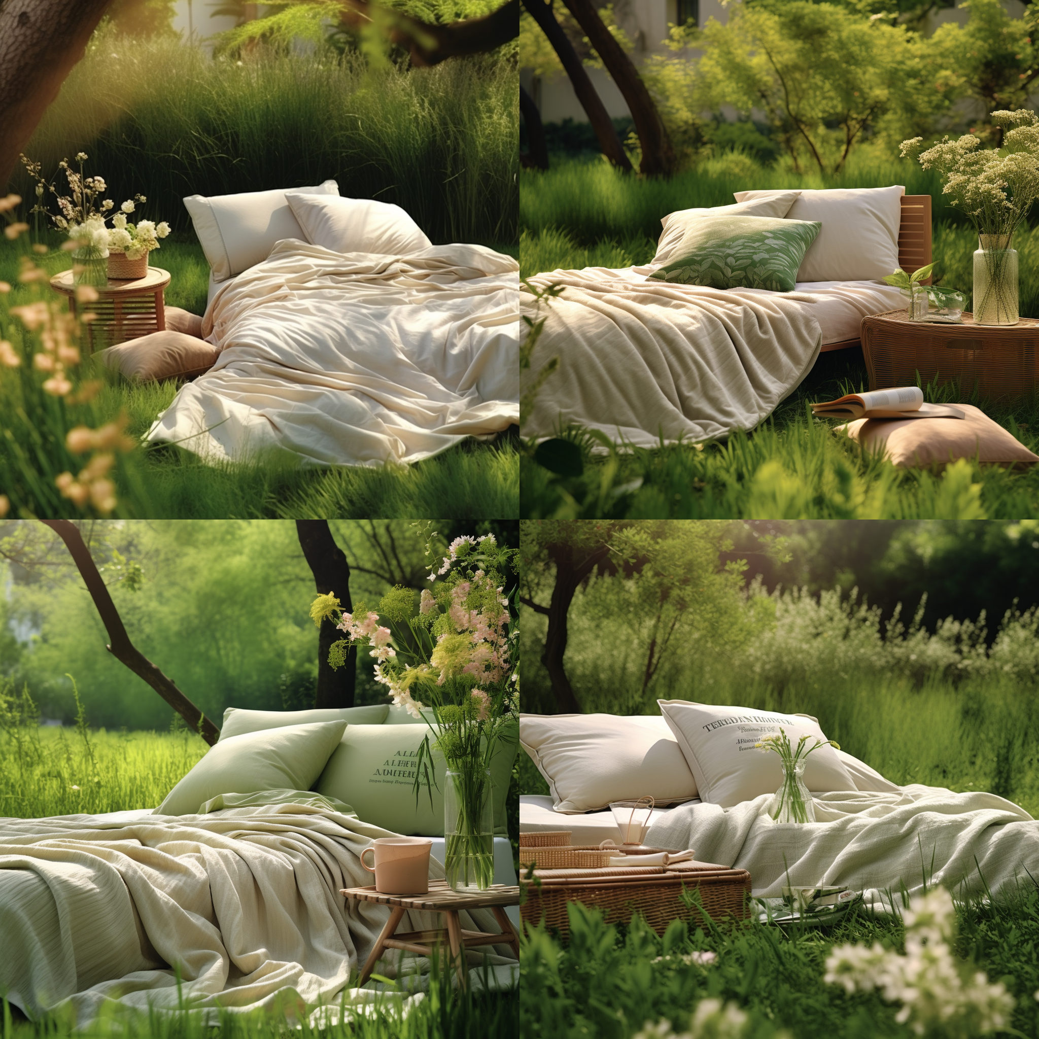 室外家纺视觉，自然光，户外草地，柔和色调，长焦镜头，侧光，静物，舒适，温馨，家纺产品，细节清晰，放松。