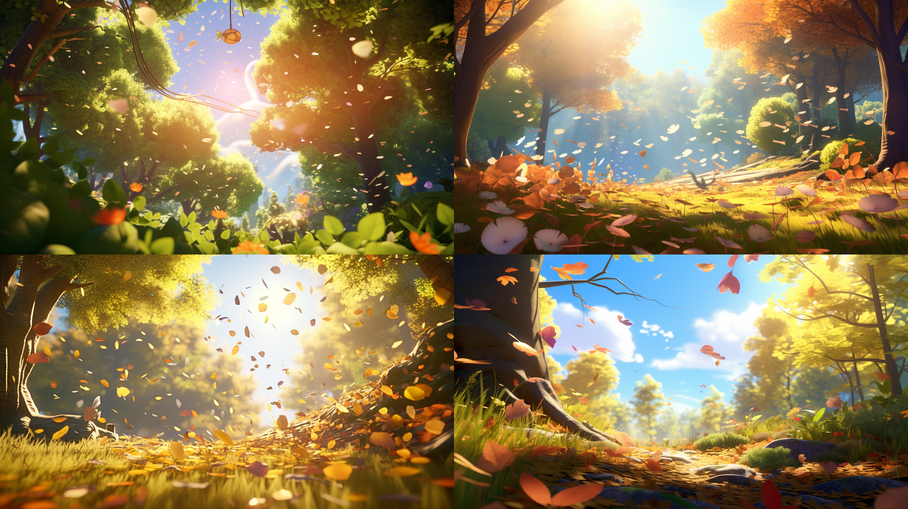 风吹起树叶，树叶宽圆，和谐氛围，皮克斯动画风格，超真实渲染，高角度拍摄，明亮色彩，迪士尼3d卡通风格，直射阳光，广角镜头，动态捕捉，明亮色彩，欢乐表情，活泼动作，温暖光线，细节丰富，色彩鲜艳，生机勃勃。