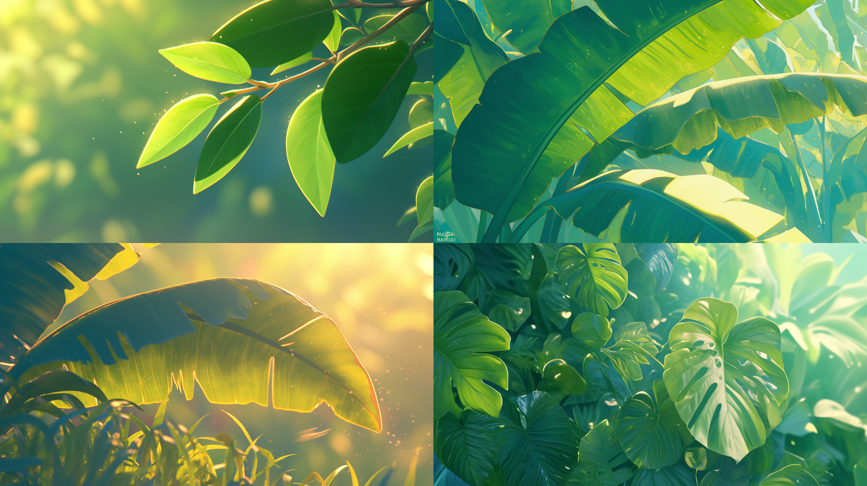 一大片绿色树叶，被风吹起，和谐氛围，皮克斯动画风格，超真实渲染，高角度拍摄，明亮色彩，迪士尼3d卡通风格，直射阳光，广角镜头，动态捕捉，明亮色彩，欢乐表情，活泼动作，温暖光线，细节丰富，色彩鲜艳，生机勃勃。