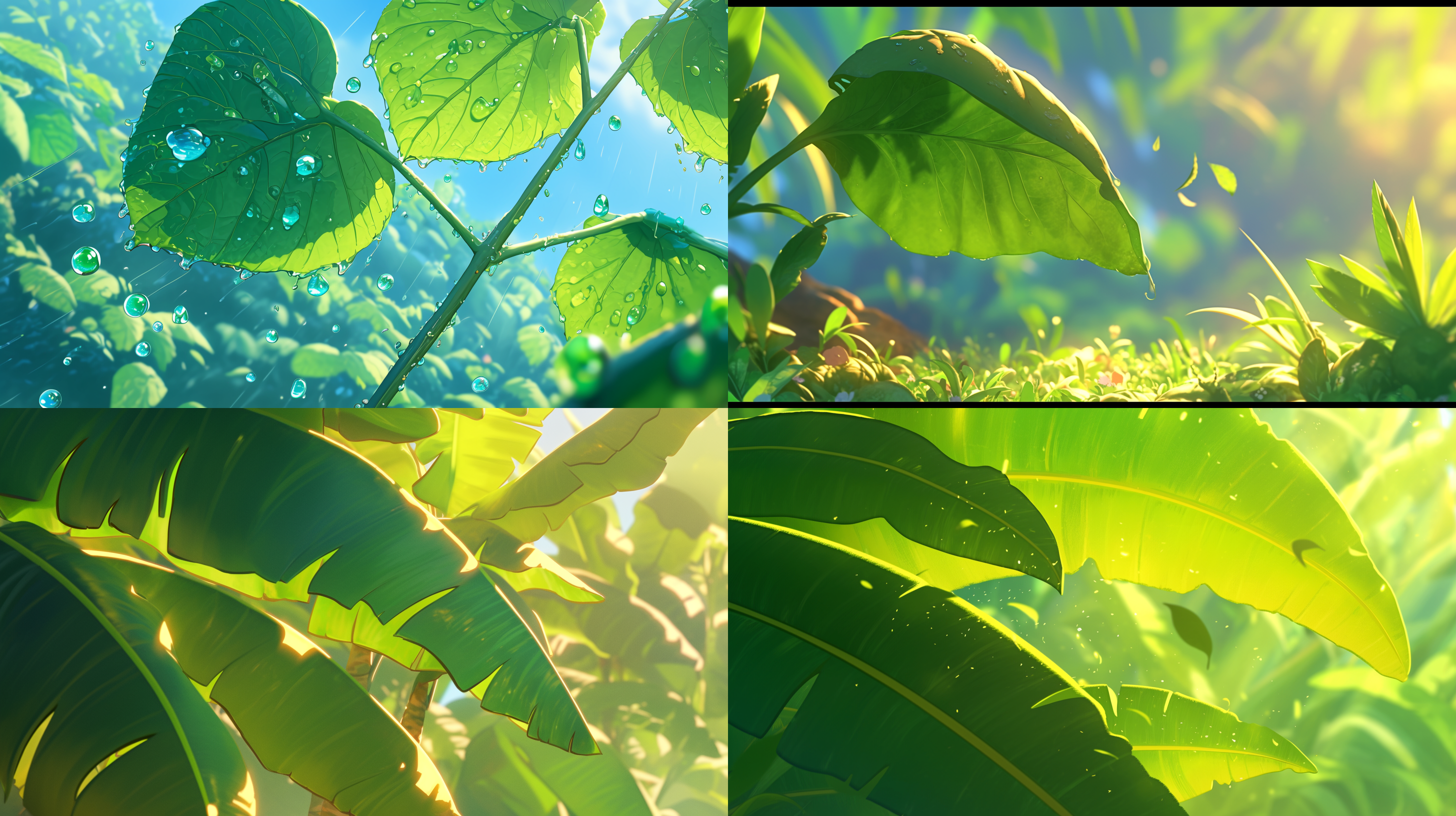 一大片绿色树叶，被风吹起，和谐氛围，皮克斯动画风格，超真实渲染，高角度拍摄，明亮色彩，迪士尼3d卡通风格，直射阳光，广角镜头，动态捕捉，明亮色彩，欢乐表情，活泼动作，温暖光线，细节丰富，色彩鲜艳，生机勃勃。