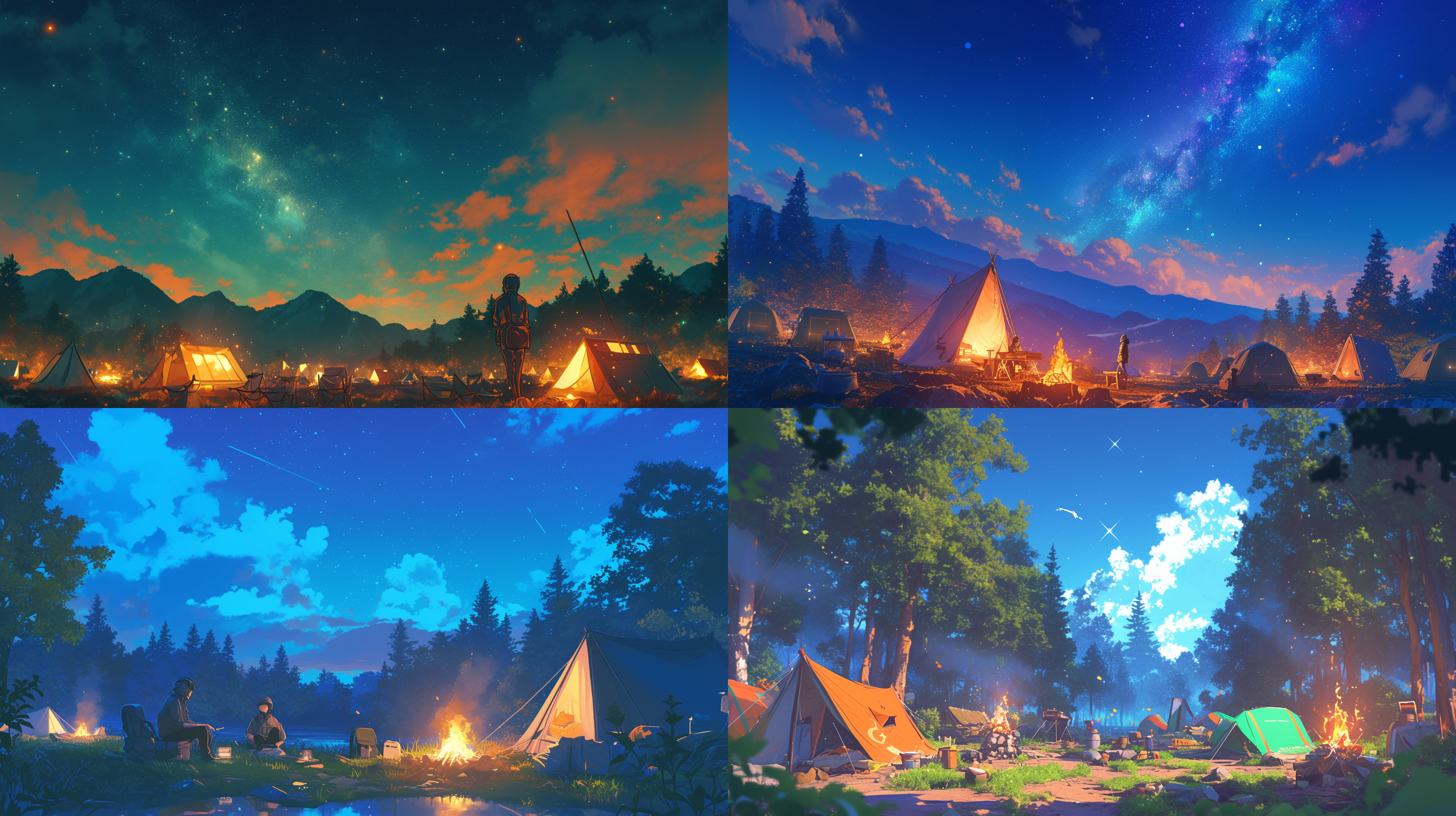 露营基地招募广告，自然风光，帐篷，篝火，星空，户外活动，广角镜头，自然光，鲜艳色彩，温馨氛围，招募信息，期待表情。