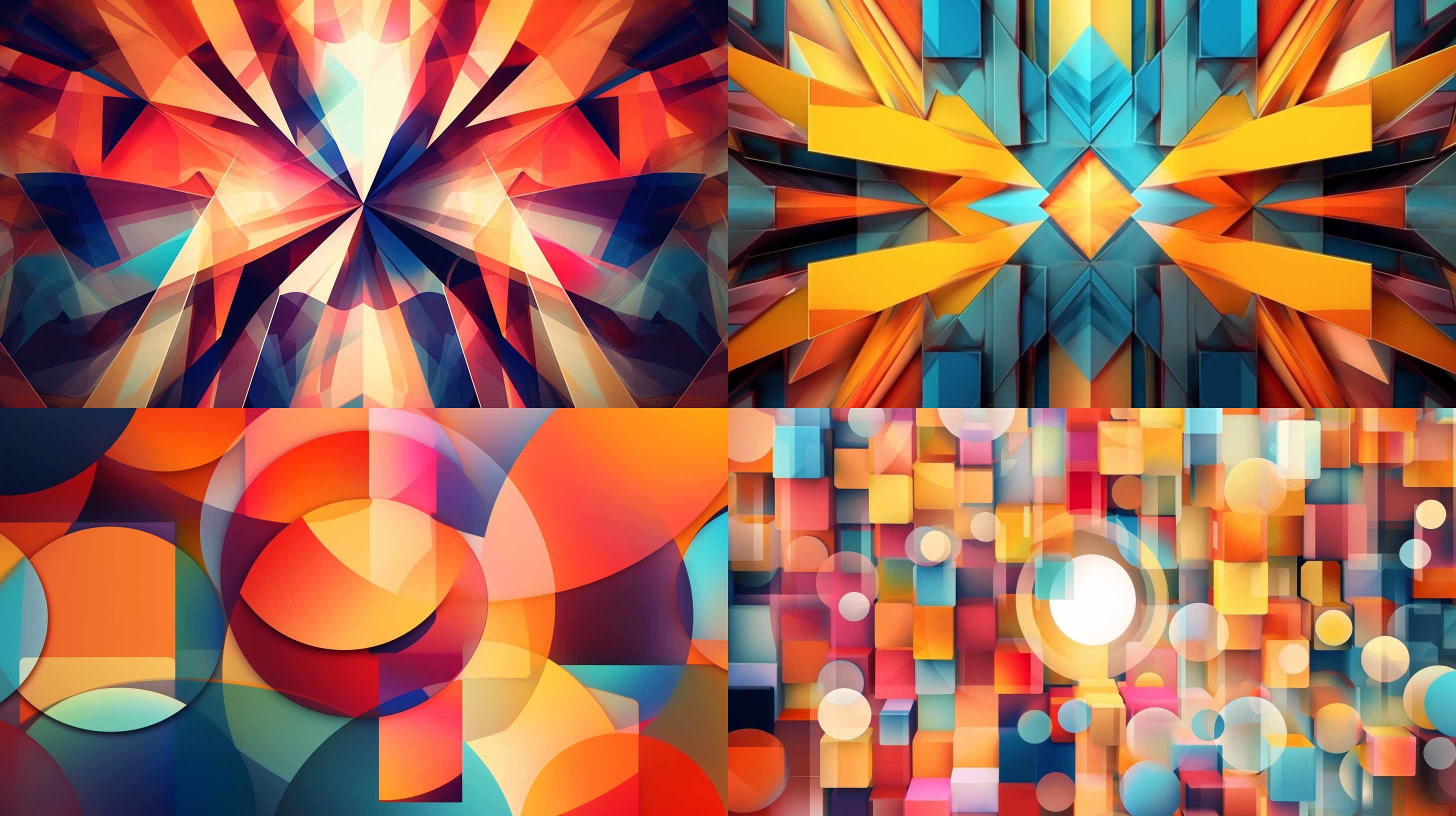 多彩几何图形，平面设计，多色边框，抽象艺术，对称布局，明亮色调，广角镜头，柔和光线，静态，和谐。 毕加索 干净背景 低角度