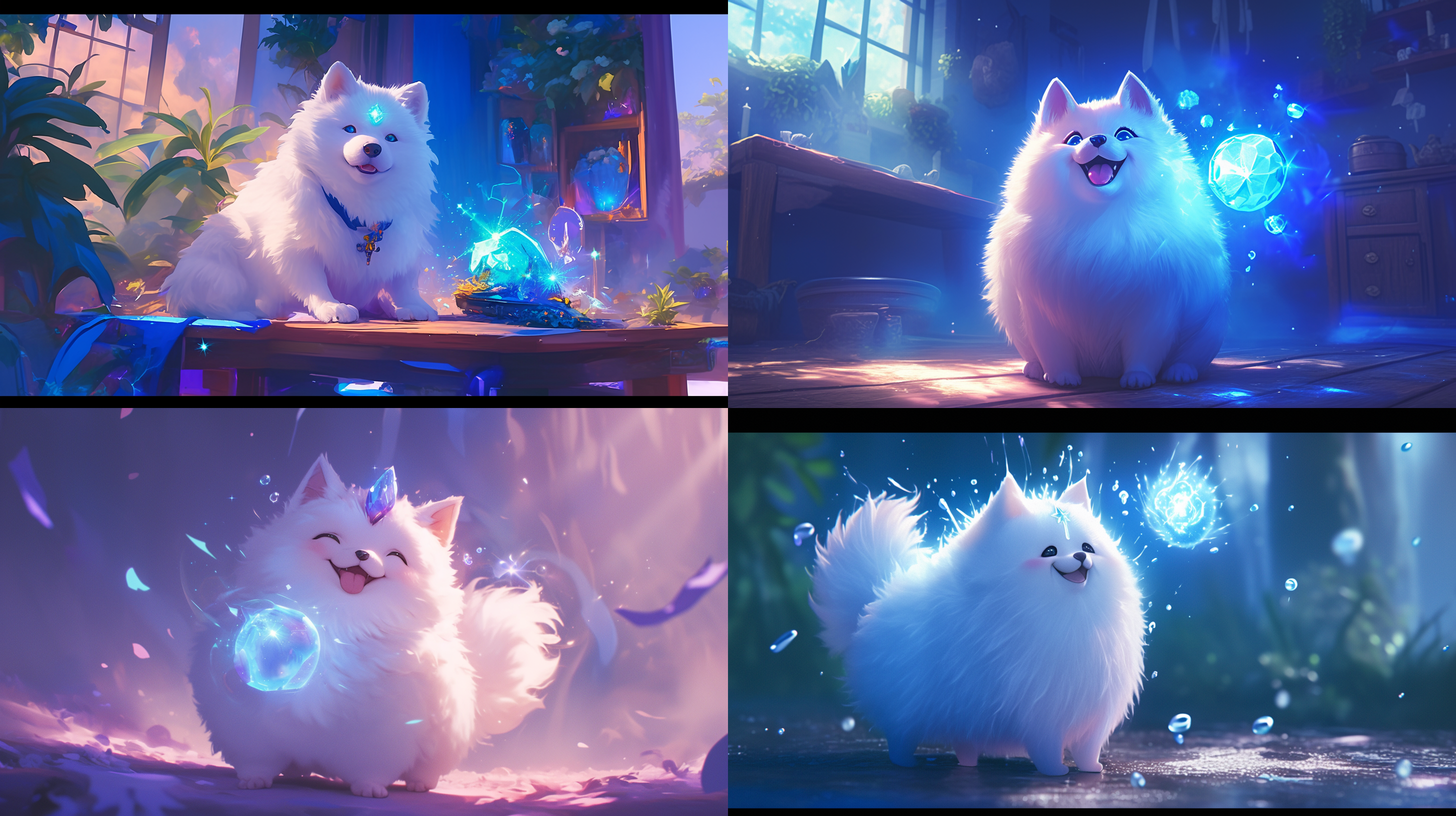 肥胖小狗，白色毛发，眼睛有光，额头镶嵌能量宝石，有魔法，中心构图，柔和光线，室内环境，长焦镜头，高饱和色彩，神秘氛围，宝石闪耀，魔法效果，喜悦表情。