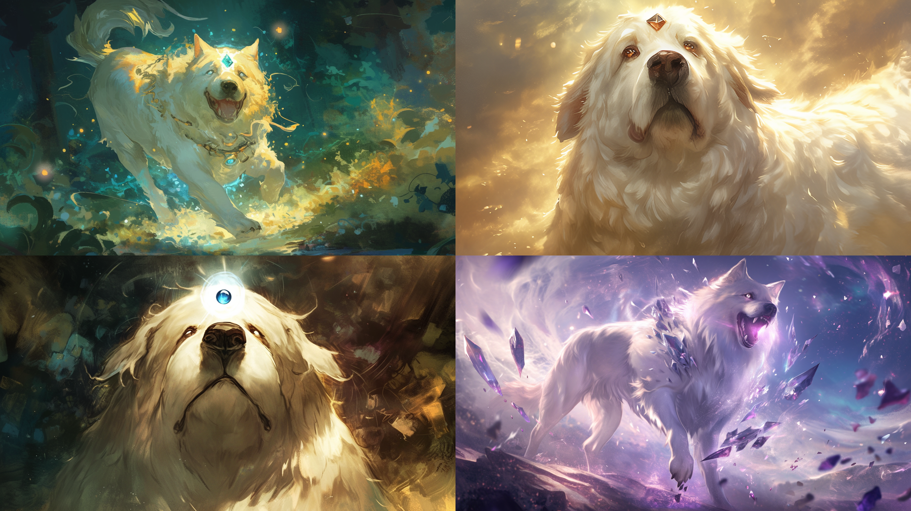 肥胖大狗，白色毛发，眼睛有光，额头镶嵌能量宝石，有魔法，中心构图，柔和光线，自然环境，长焦镜头，高饱和色彩，神秘氛围，宝石闪耀，魔法效果，喜悦表情。