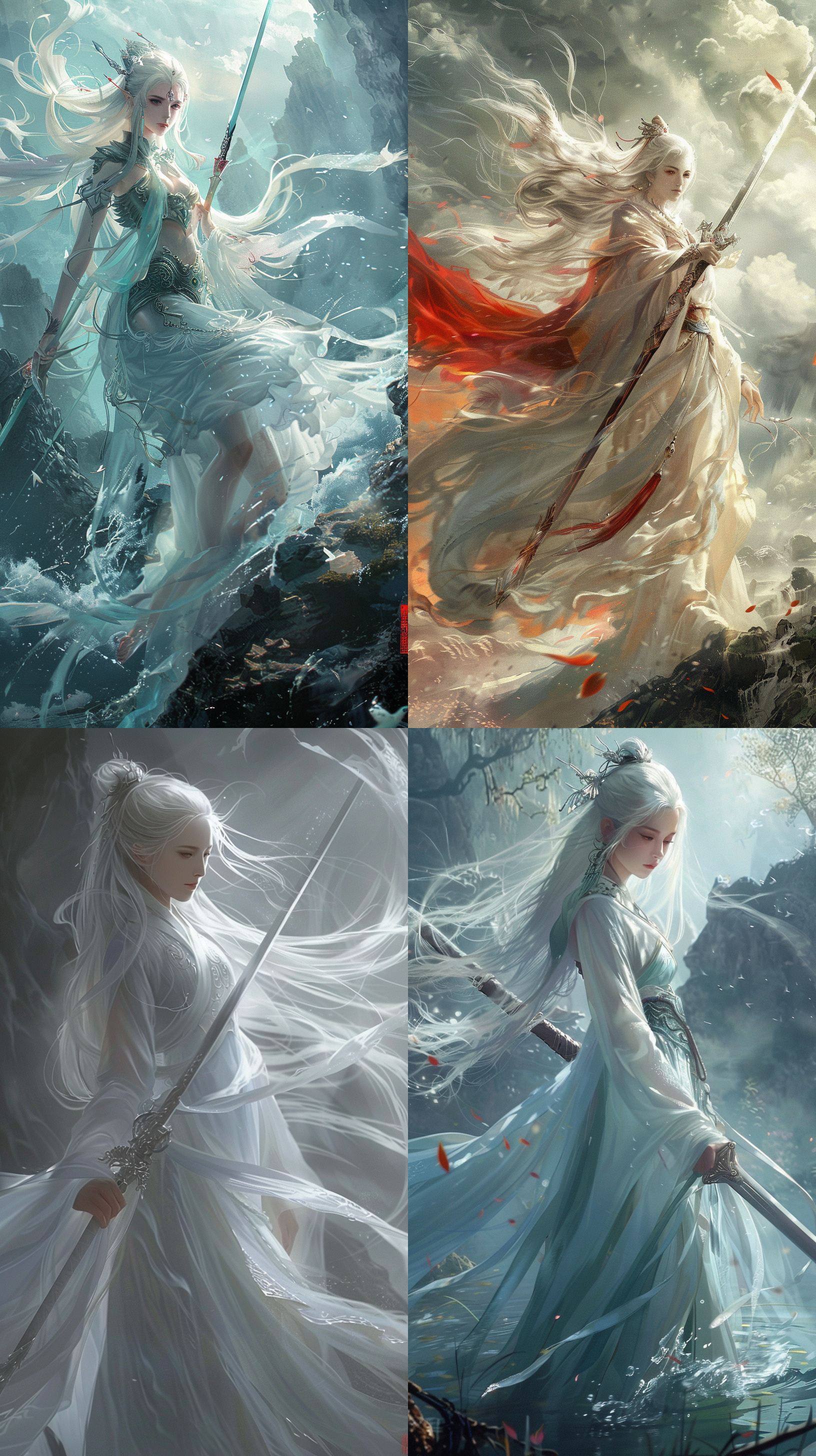 一个女孩，中国风，古风，白色长发，流仙古风长裙，绝美容貌，精致五官，白晰皮肤，柔光，拿着长剑，御剑飞行，玄幻世界，仙气飘飘