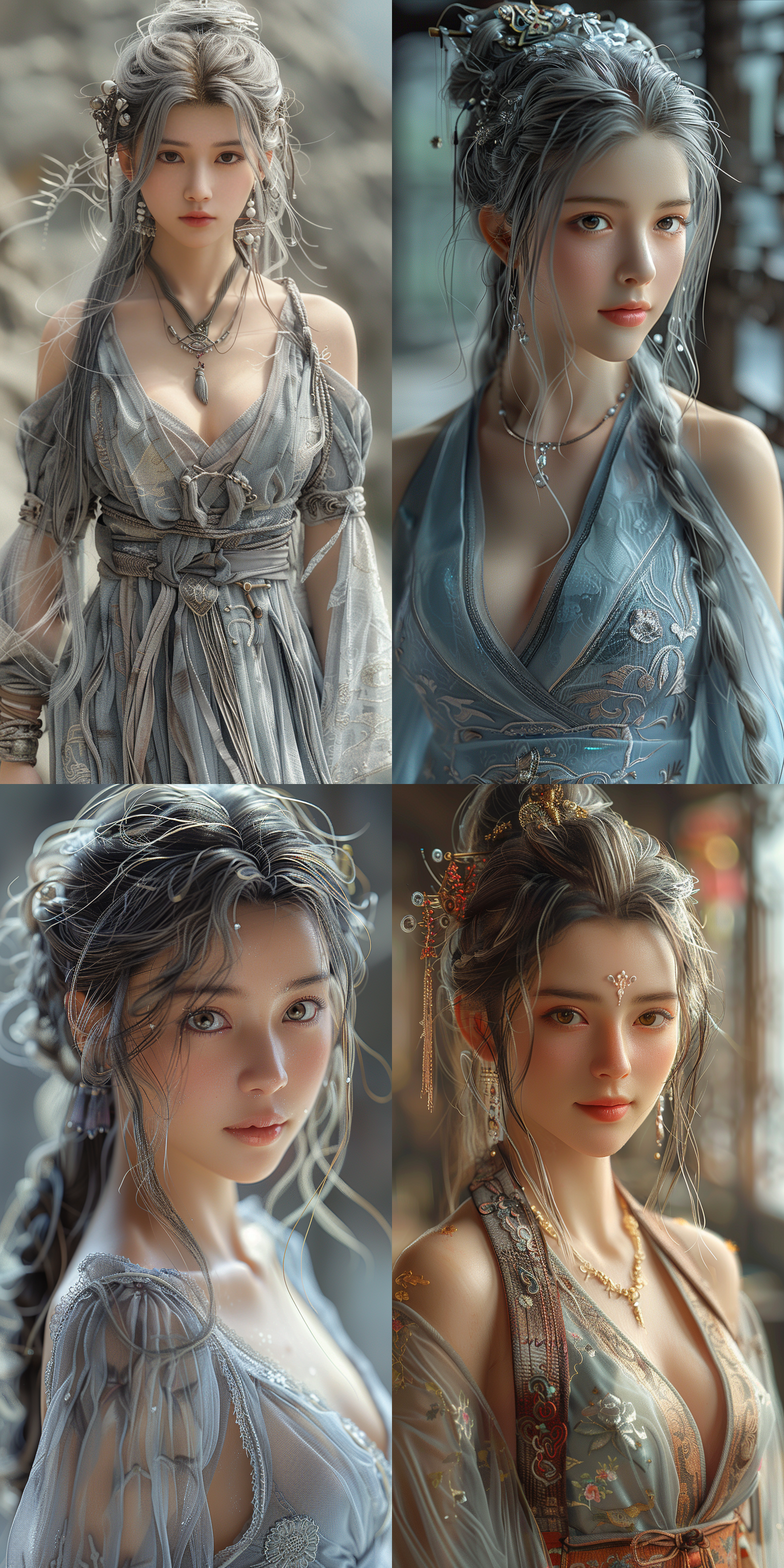 超清渲染动漫风格中国少女，银色长发，汉服连衣裙，温柔自信，全身角色，自然色调，远景透视，高亮细节，古装风格，静态放松，高清画质，细腻纹理，柔和光线，唯美氛围。