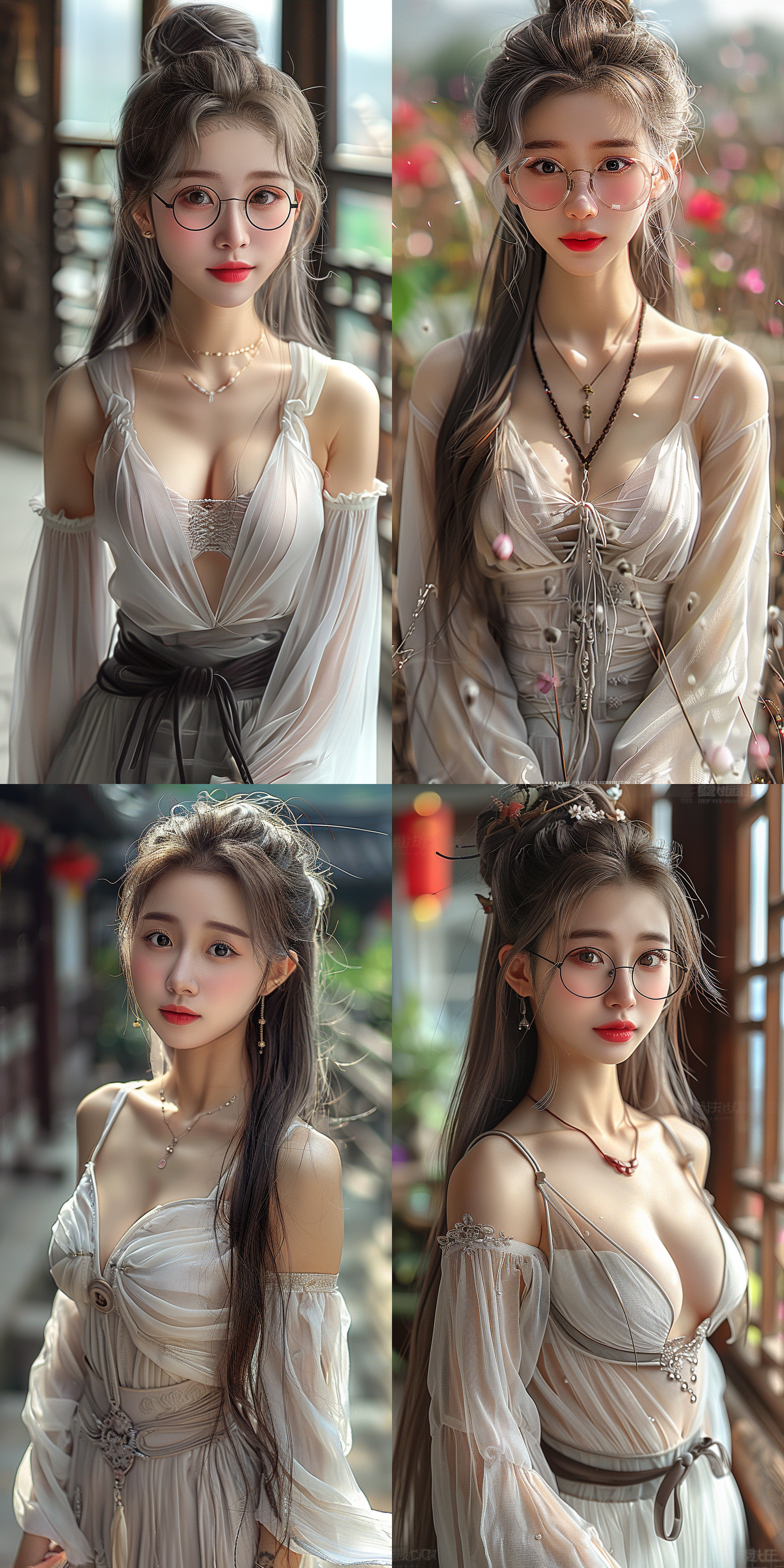 超清渲染动漫风格中国少女，银色长发，汉服连衣裙，温柔自信，全身角色，自然色调，远景透视，高亮细节，古装风格，静态放松，高清画质，细腻纹理，柔和光线，唯美氛围。