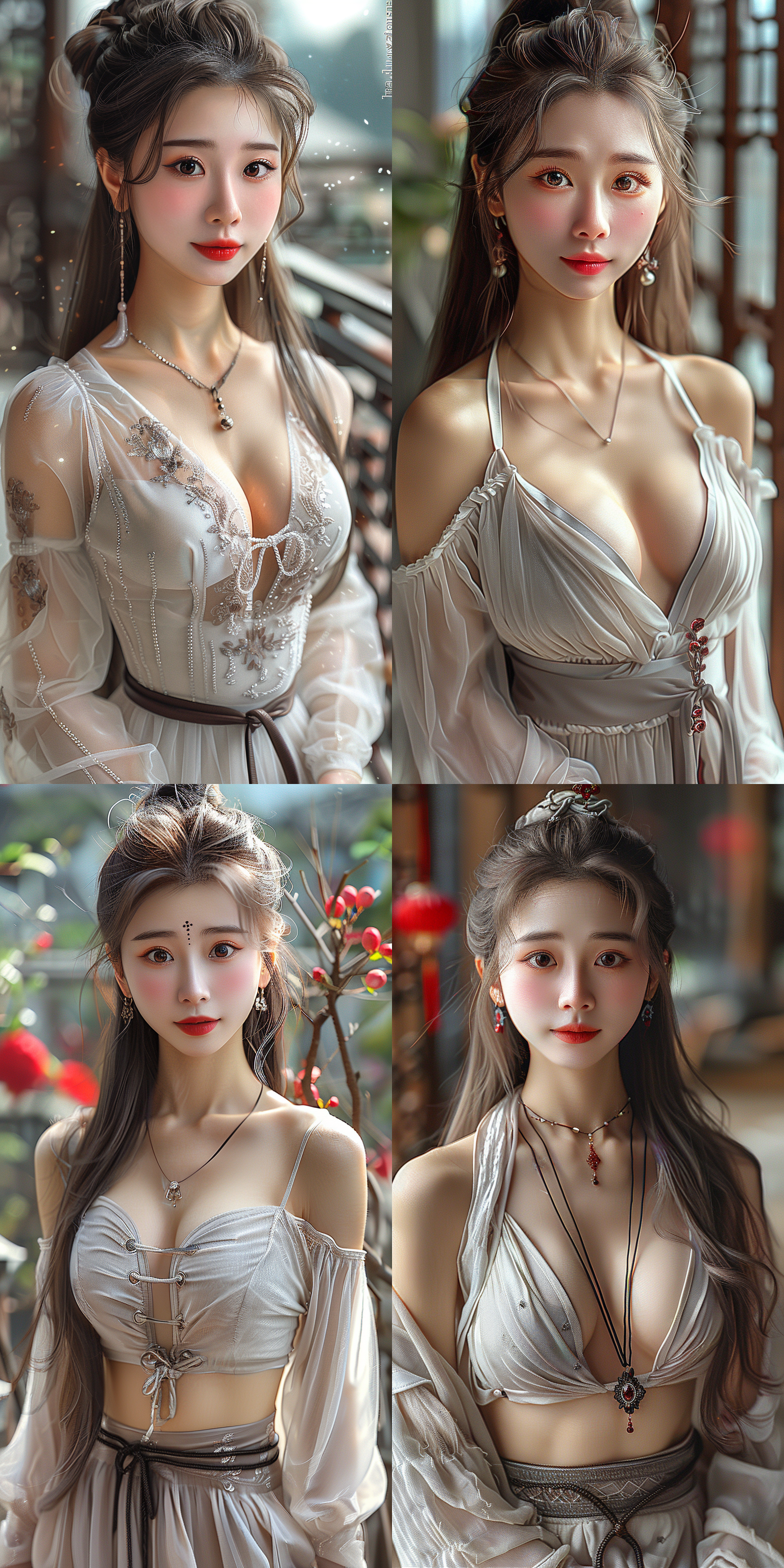 超清渲染动漫风格中国少女，银色长发，汉服连衣裙，温柔自信，全身角色，自然色调，远景透视，高亮细节，古装风格，静态放松，高清画质，细腻纹理，柔和光线，唯美氛围，背景单一。