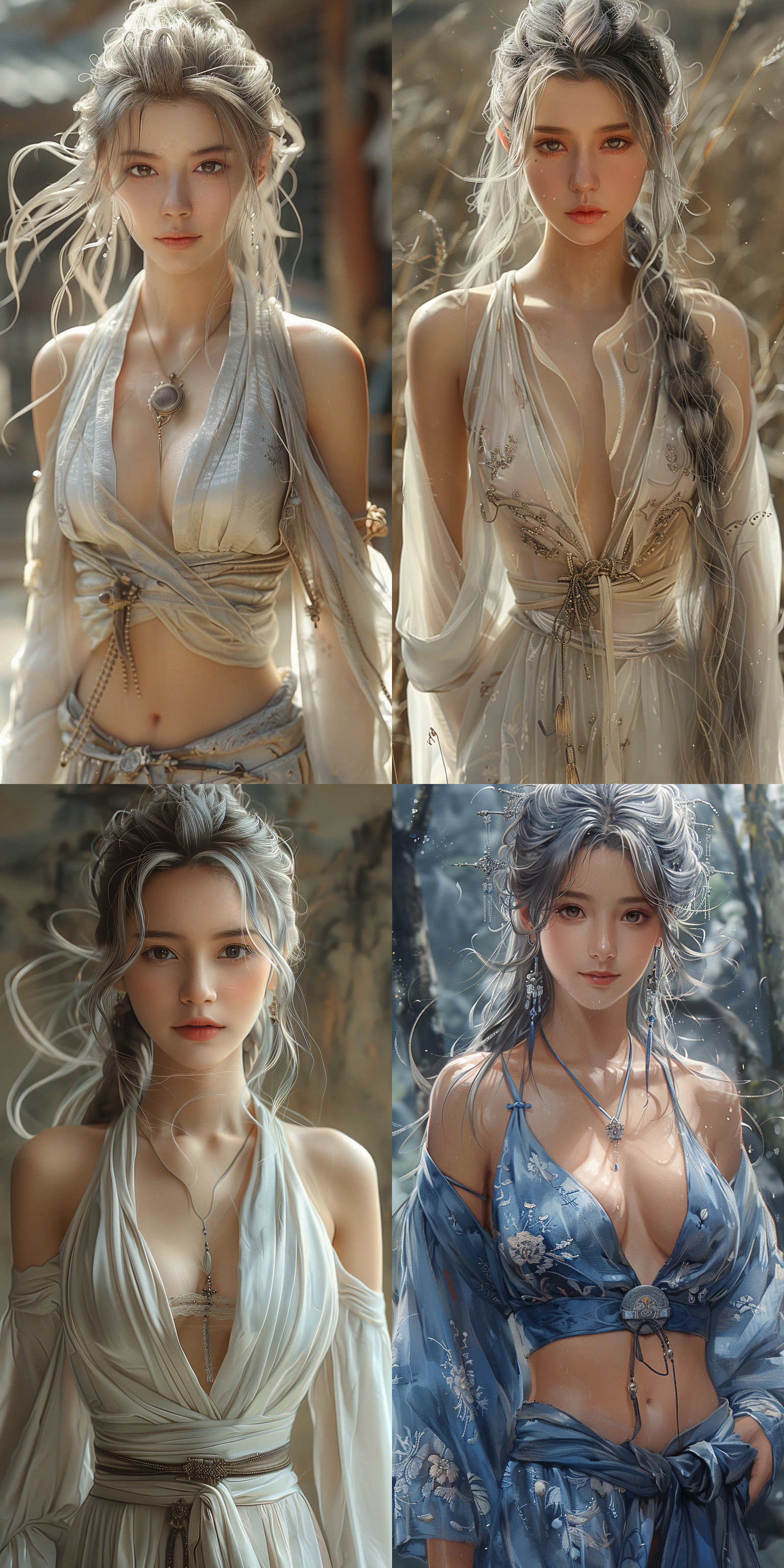 超清渲染动漫风格中国少女，银色长发，夏季，职业装，温柔自信，全身角色，自然色调，远景透视，高亮细节，古装风格，静态放松，高清画质，细腻纹理，柔和光线，唯美氛围，背景单一。