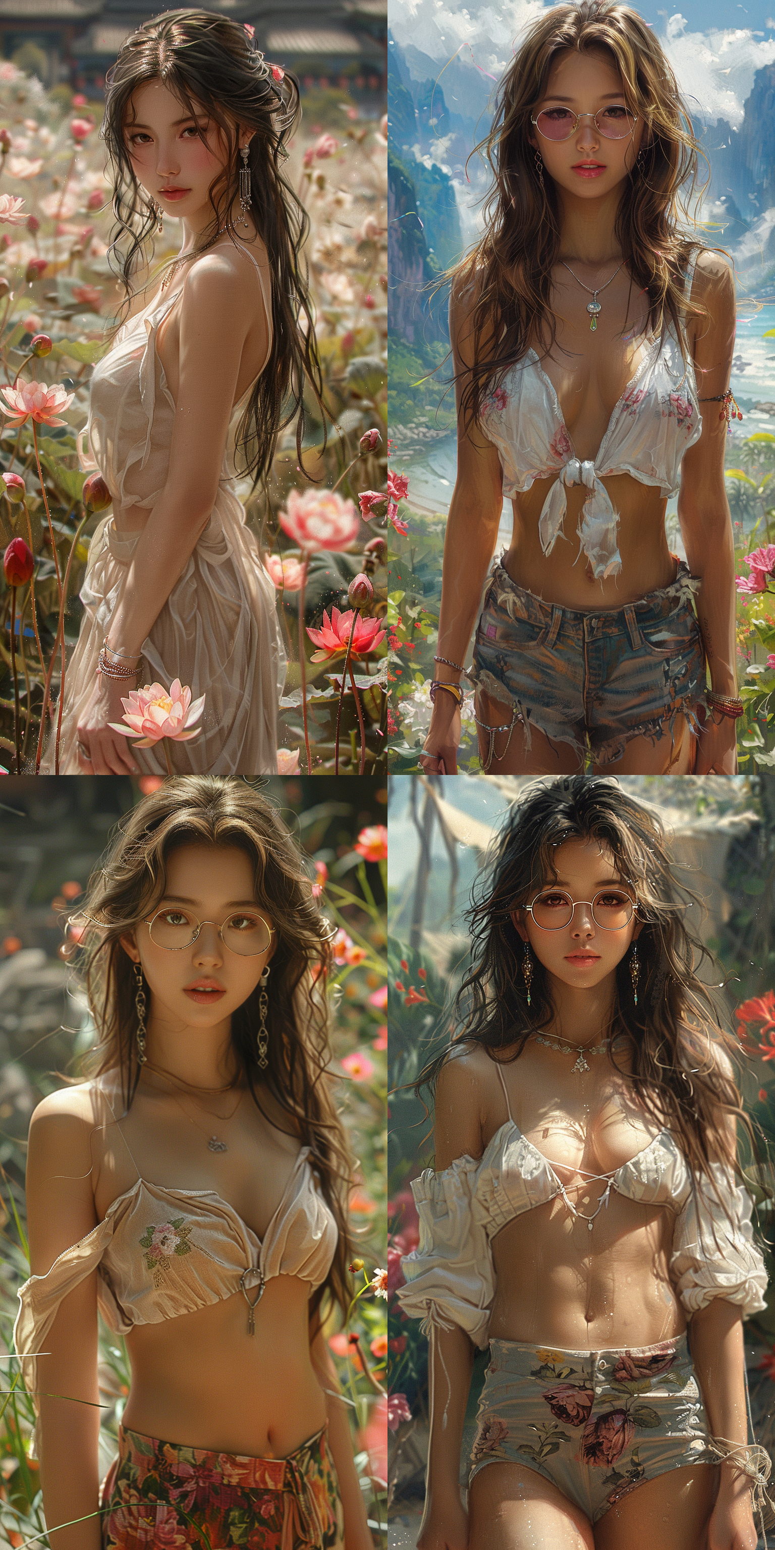 中国人，长头发女孩，耳环，银色眼镜，上述t恤，下身短裙，美丽漂亮的女孩，高跟鞋，全景，背靠景色，脚下花开，飘逸的发型