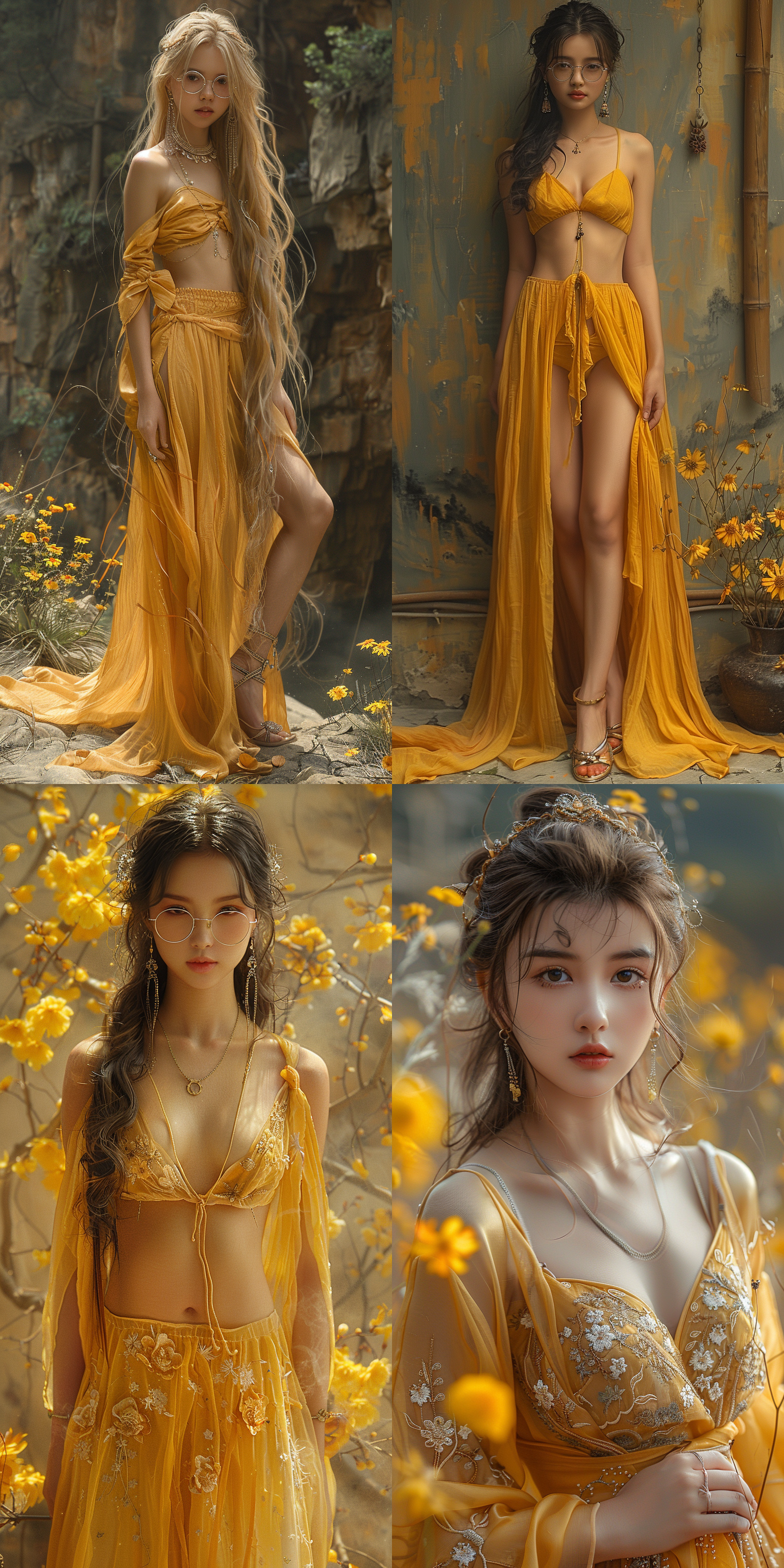 中国人，长头发黄色发型，女孩，耳环，银色眼镜，职业短裙，高跟鞋，全景，背靠景色，脚下花开，飘逸的发型