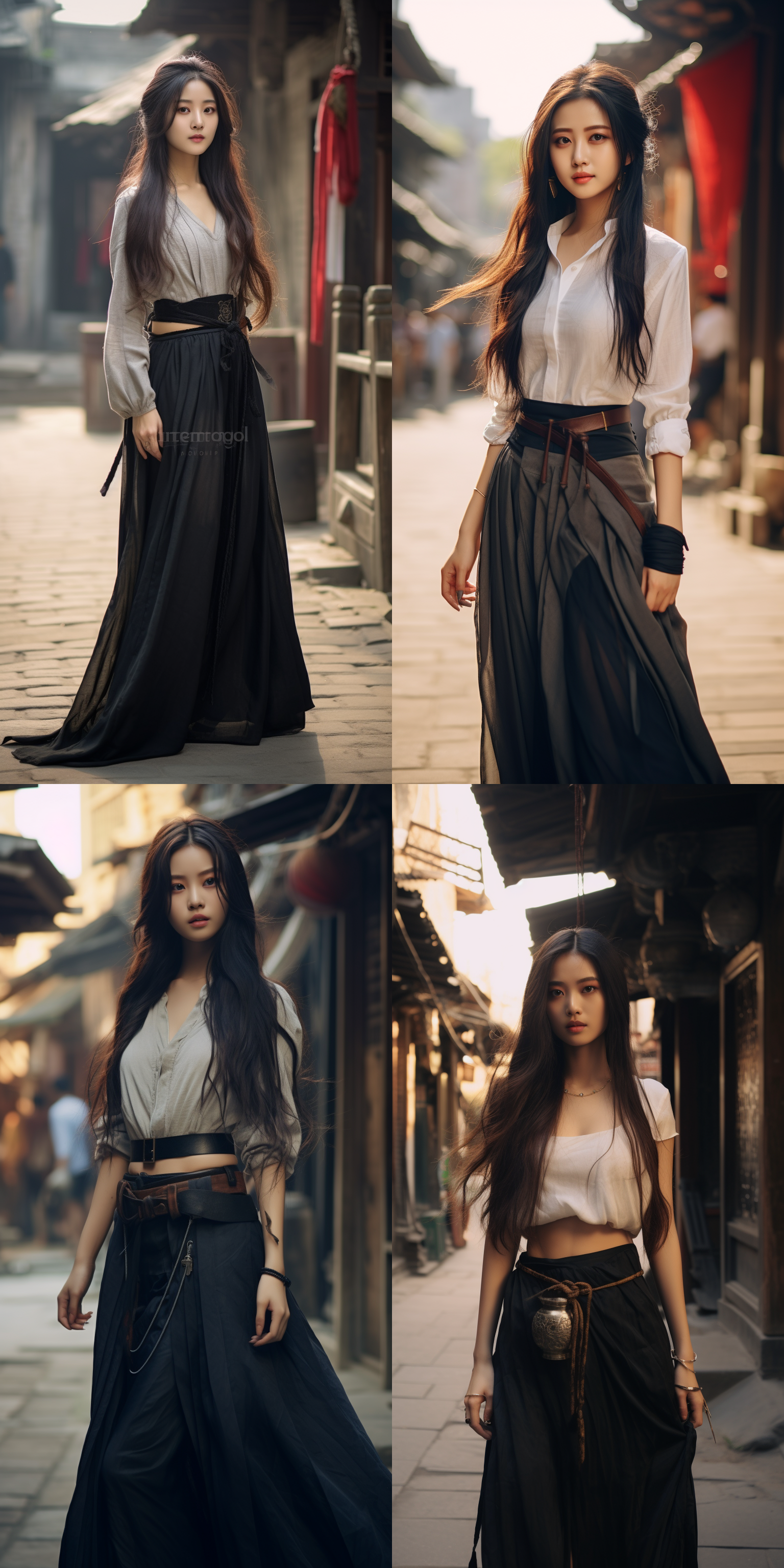 1个中国女孩，长头发，马尾辫，穿着长裙，站在古城街道，朝着镜头，