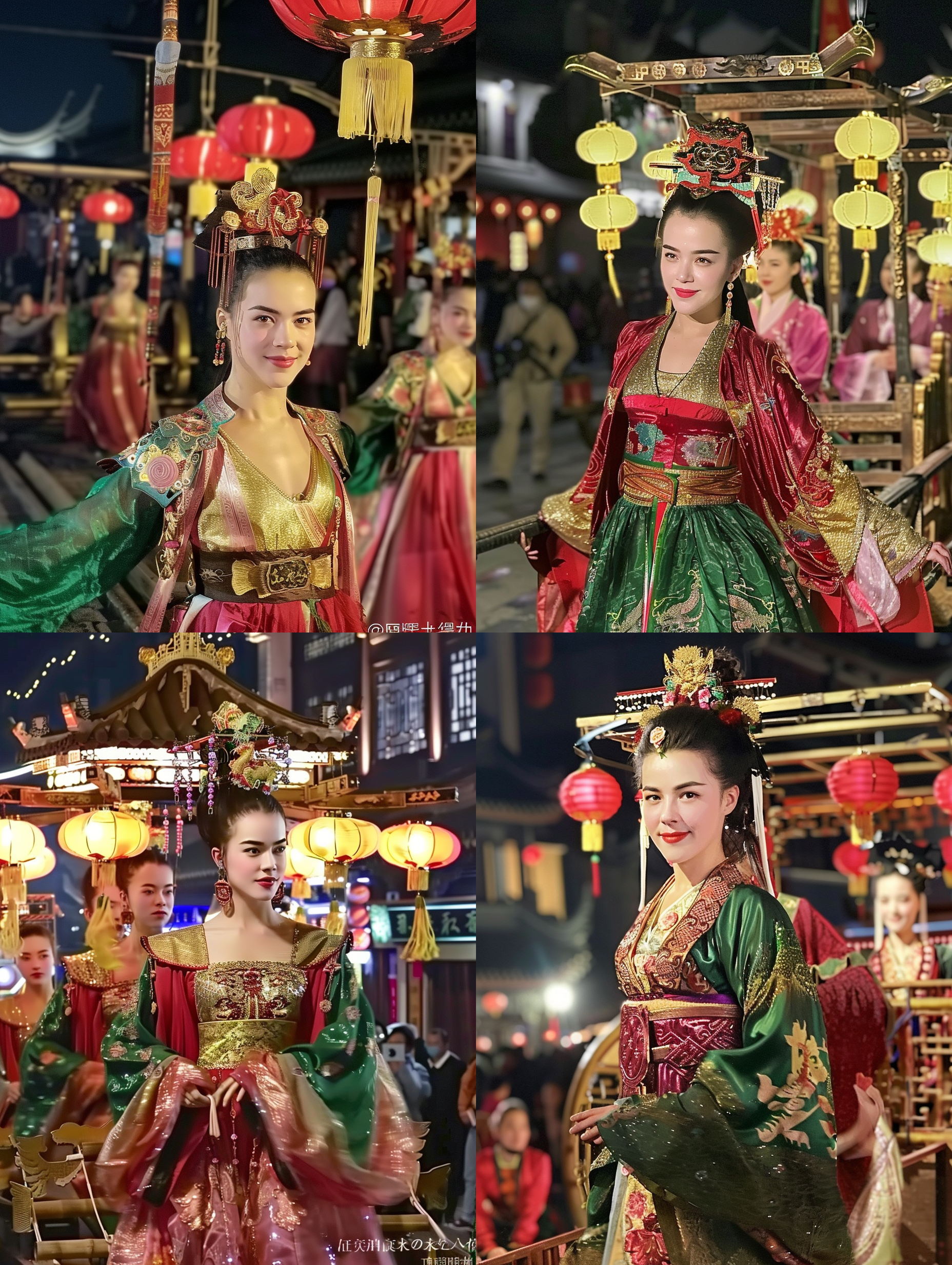 唐朝长安夜市迅游8k，巨大花车，挂满一串串灯笼、美女上面载歌载舞，华丽灯光，人群欢呼，多彩服饰，热情笑容，城市街道，长焦镜头，夜晚拍摄，繁华景象，喜庆氛围，兴奋。