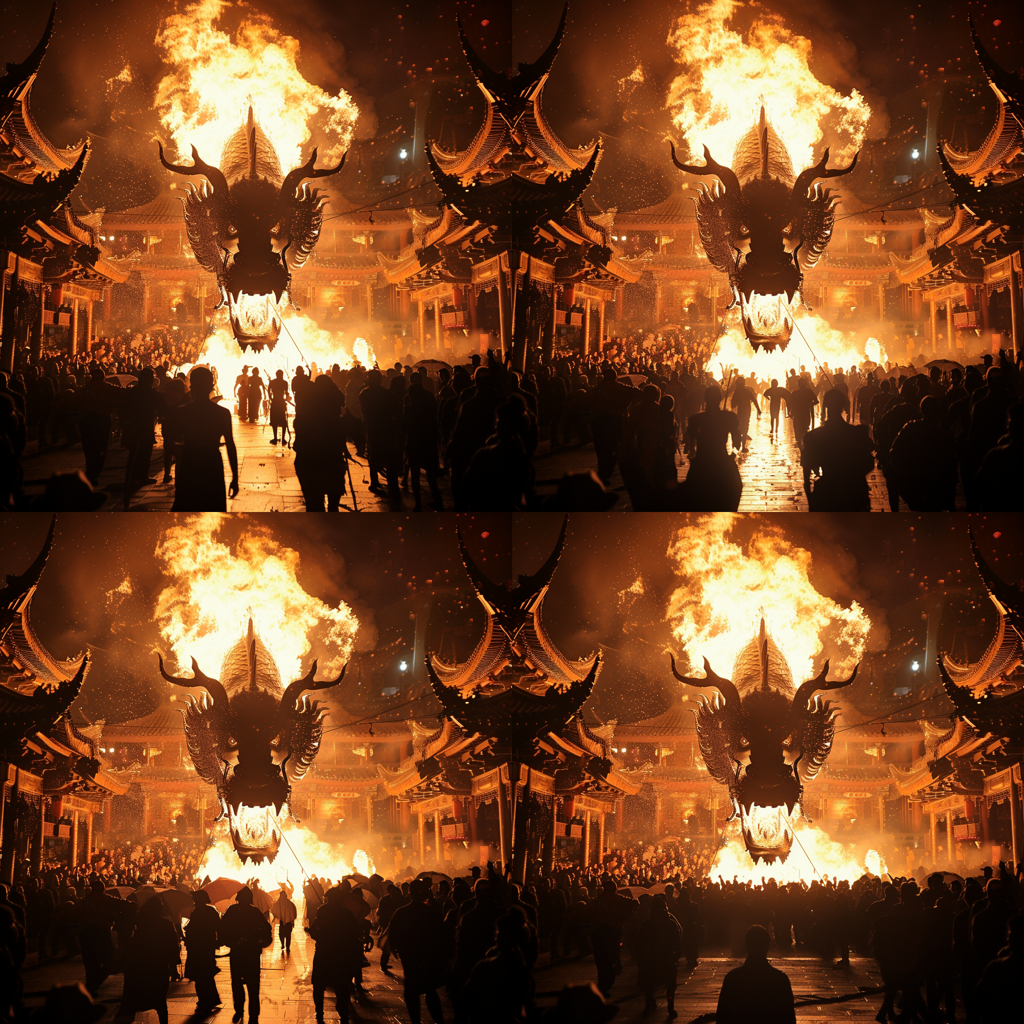 唐朝长安夜市，龙头着火坠落，繁华街道，龙嘴正对前方，广角镜头，低角度，暖色调，逆光，紧张氛围，历史感，细节丰富，高对比度，人群熙攘，古建筑，灯火辉煌，惊恐表情，传统服饰，火焰效果，光影交错，震撼场面。