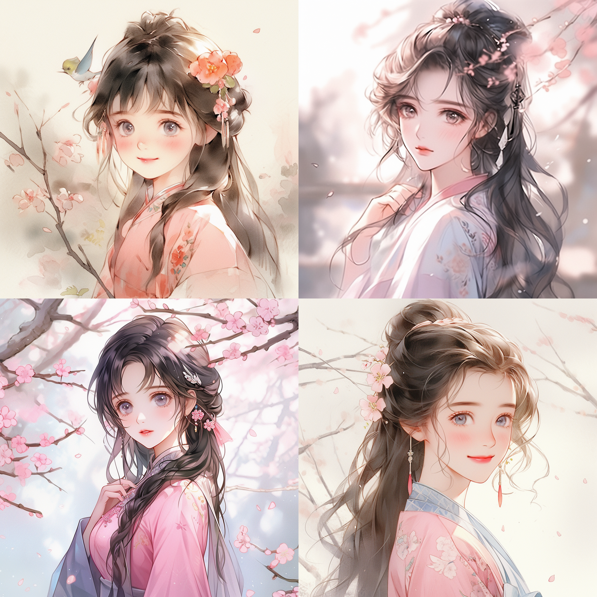 国风华彩卡通可爱女孩，半身像，水彩风格，古典园林，柔和光线，微笑表情，汉服，粉色与蓝色调，温馨氛围。