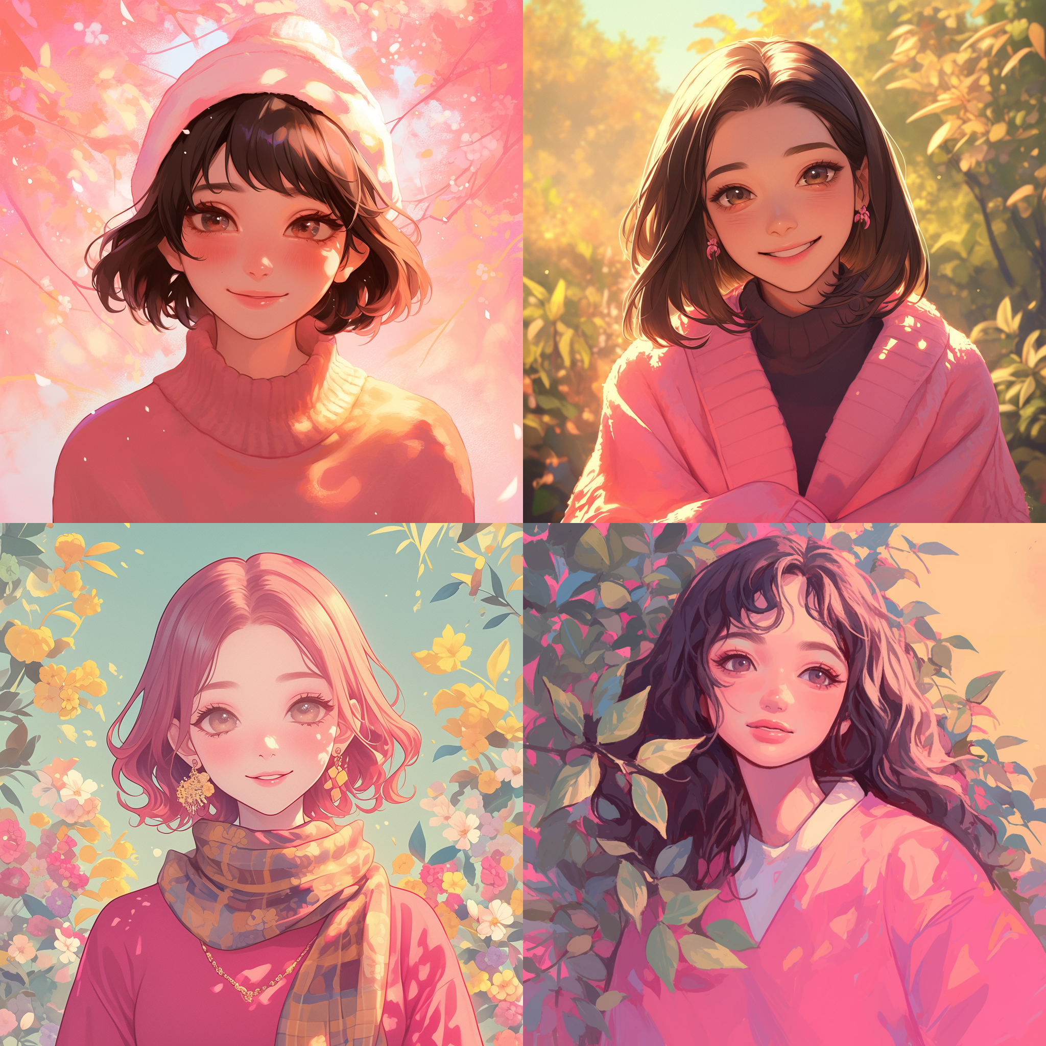 国风华彩卡通可爱女孩，对称构图，柔和光线，花园中，长焦镜头，正面光，微笑，粉色系，温馨。