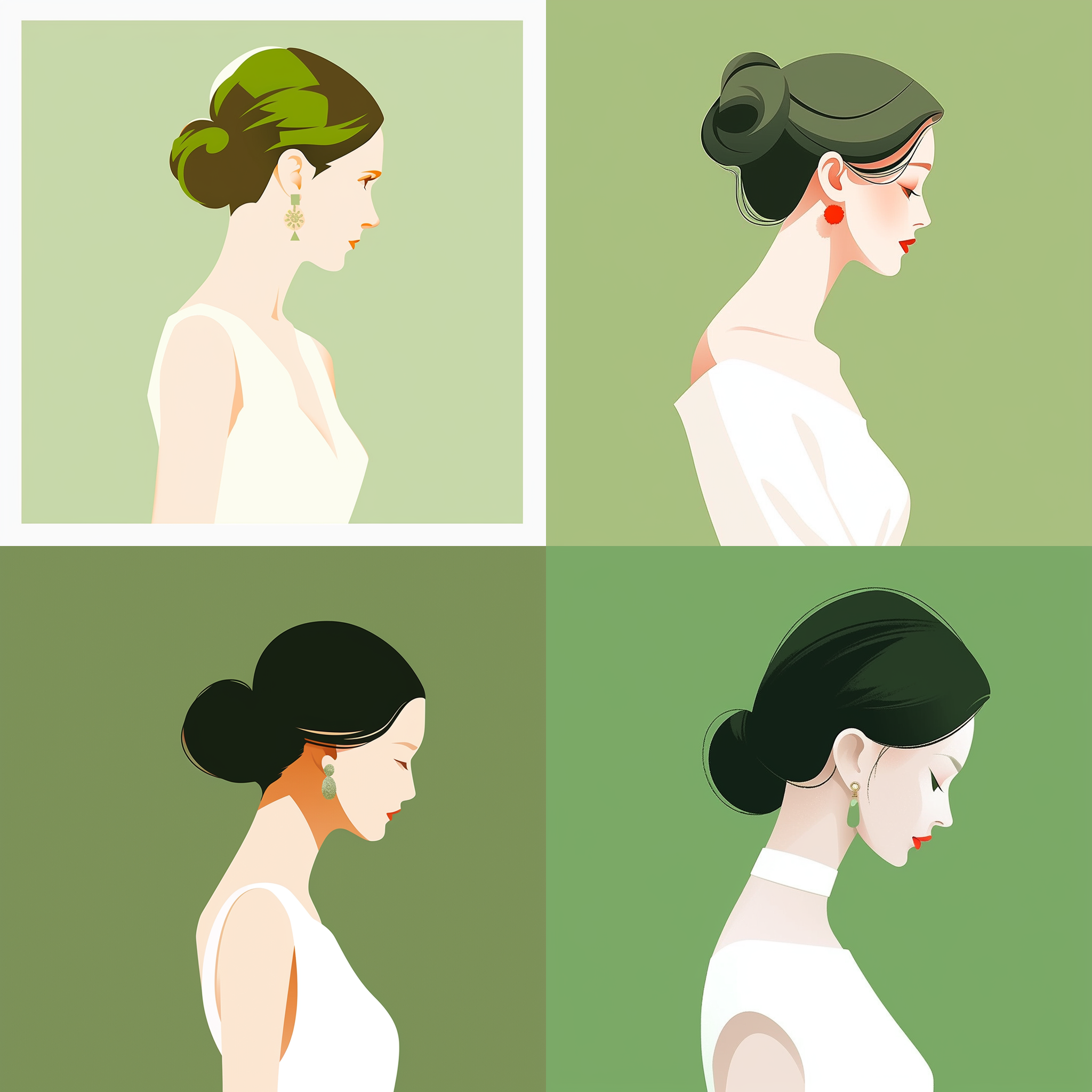 女孩扁平插画，牛油果绿背景，极简艺术，白色长裙，红色口红，迷人眼神，绿色复古耳环，侧脸角度，柔和光线，柔和色调，娴静情绪，扁平化设计，简约风格，高饱和度，低对比度，侧光照明，静态画面，优雅姿态，绿色调，复古元素，女性魅力。