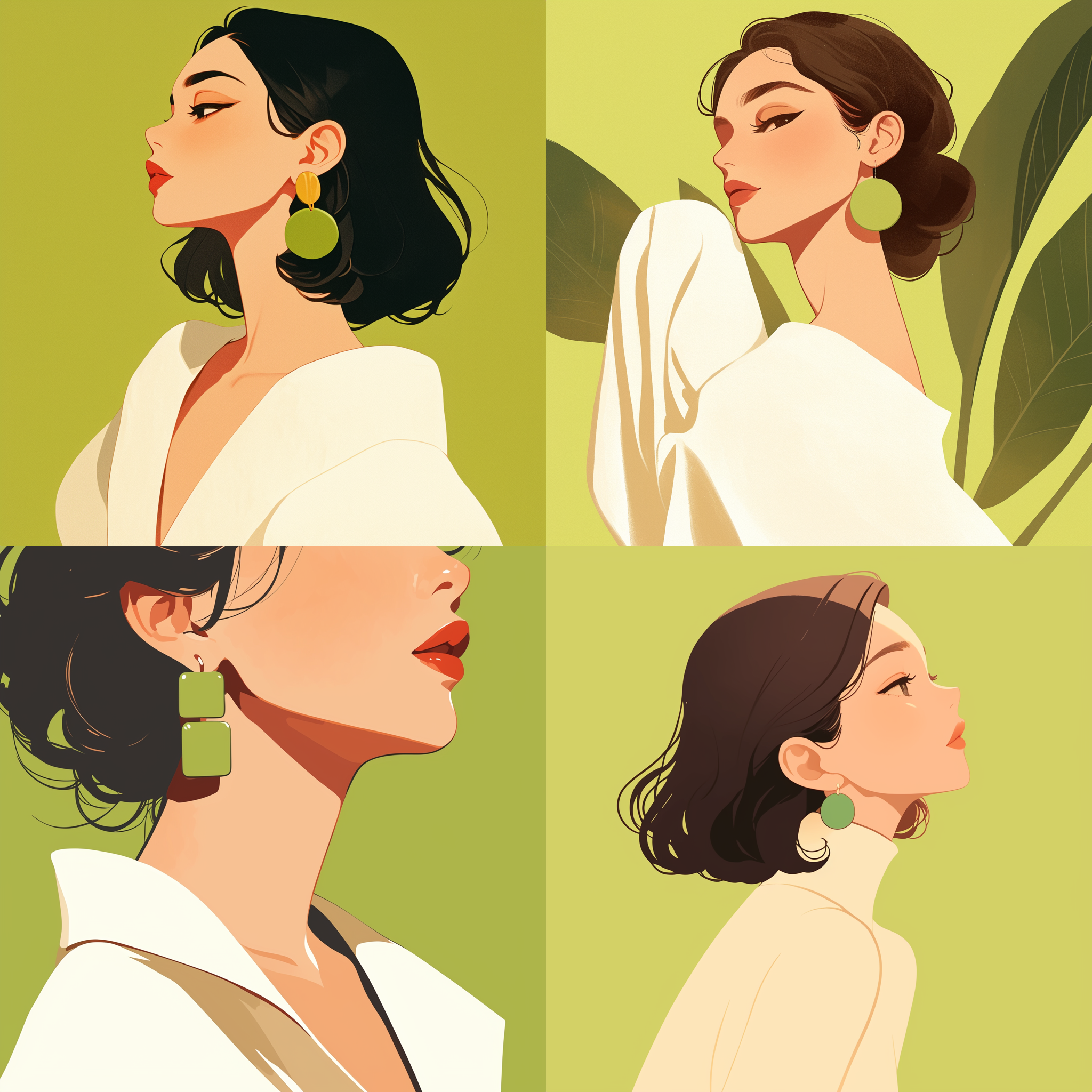 女孩扁平插画，牛油果绿背景，极简艺术，白色长裙，红色口红，迷人眼神，绿色复古耳环，侧脸角度，柔和光线，柔和色调，娴静情绪，扁平风格，极简构图，侧光照明，柔和色彩，静谧氛围，复古元素，现代简约。
