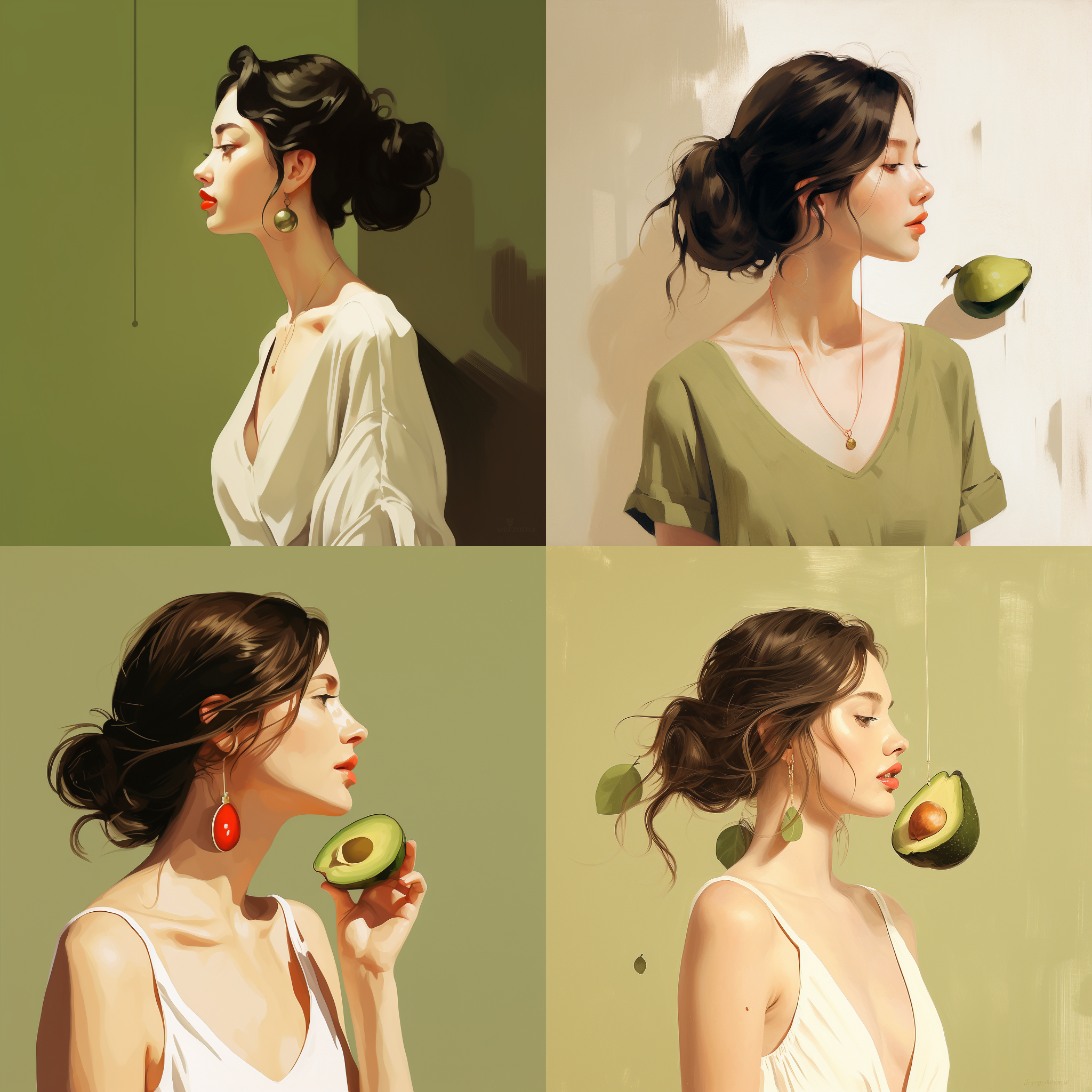 女孩侧面，牛油果绿背景，极简艺术，白色连衣裙，红唇，迷人眼神，绿色复古耳环，柔和光线，低饱和色调，宁静氛围，扁平插画风格，侧光，广角镜头，高对比度，室内环境，暖色调，静态，优雅。