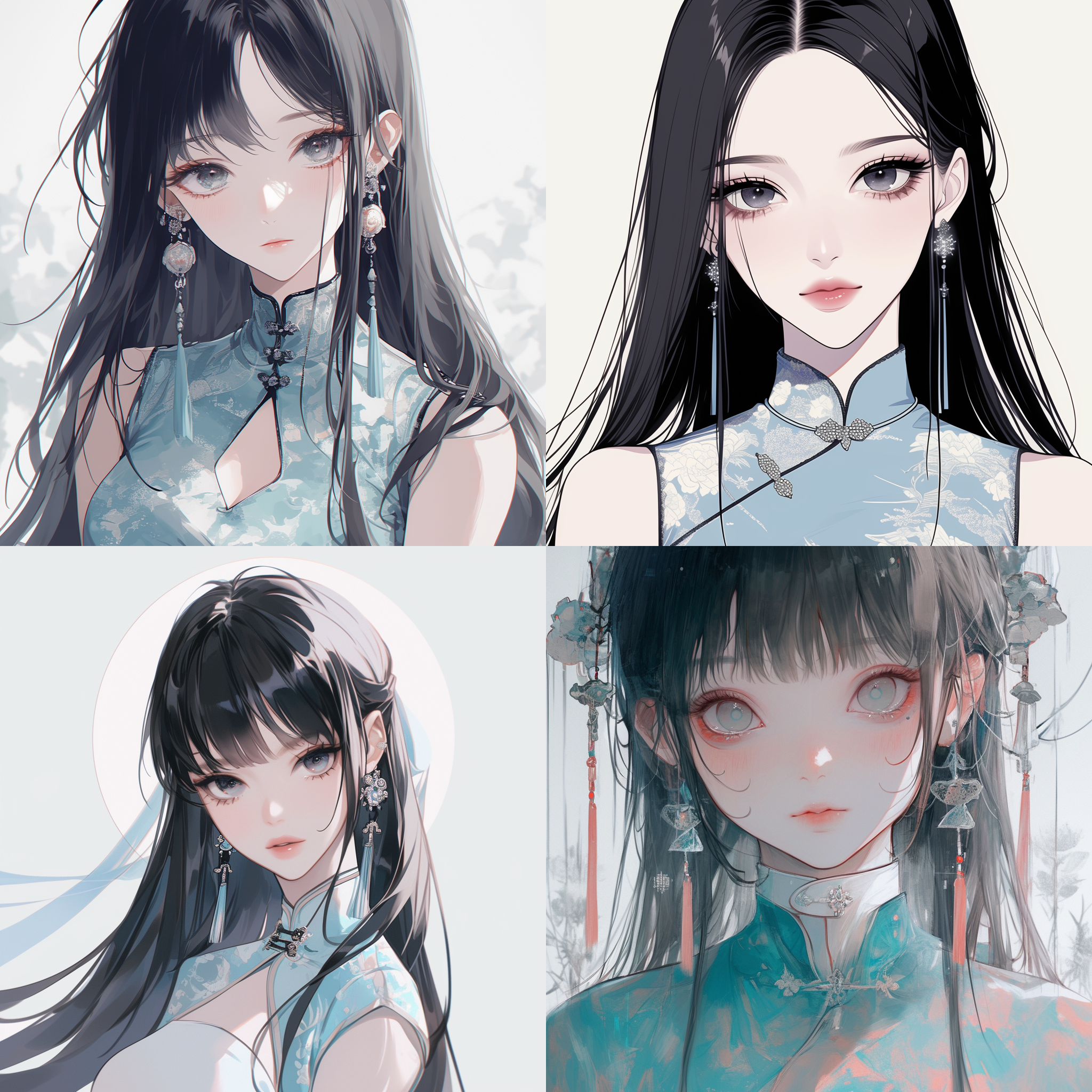 一位黑色长发中国女孩，穿着淡蓝色旗袍，纠结的珠宝，圆脸，极简主义肖像，几何形状，白色明亮背景，清晰的新流行插图风格，动画 gif，dolly kei，卡通人物，全景，头部视图，粗体，卡通石版画，看镜头