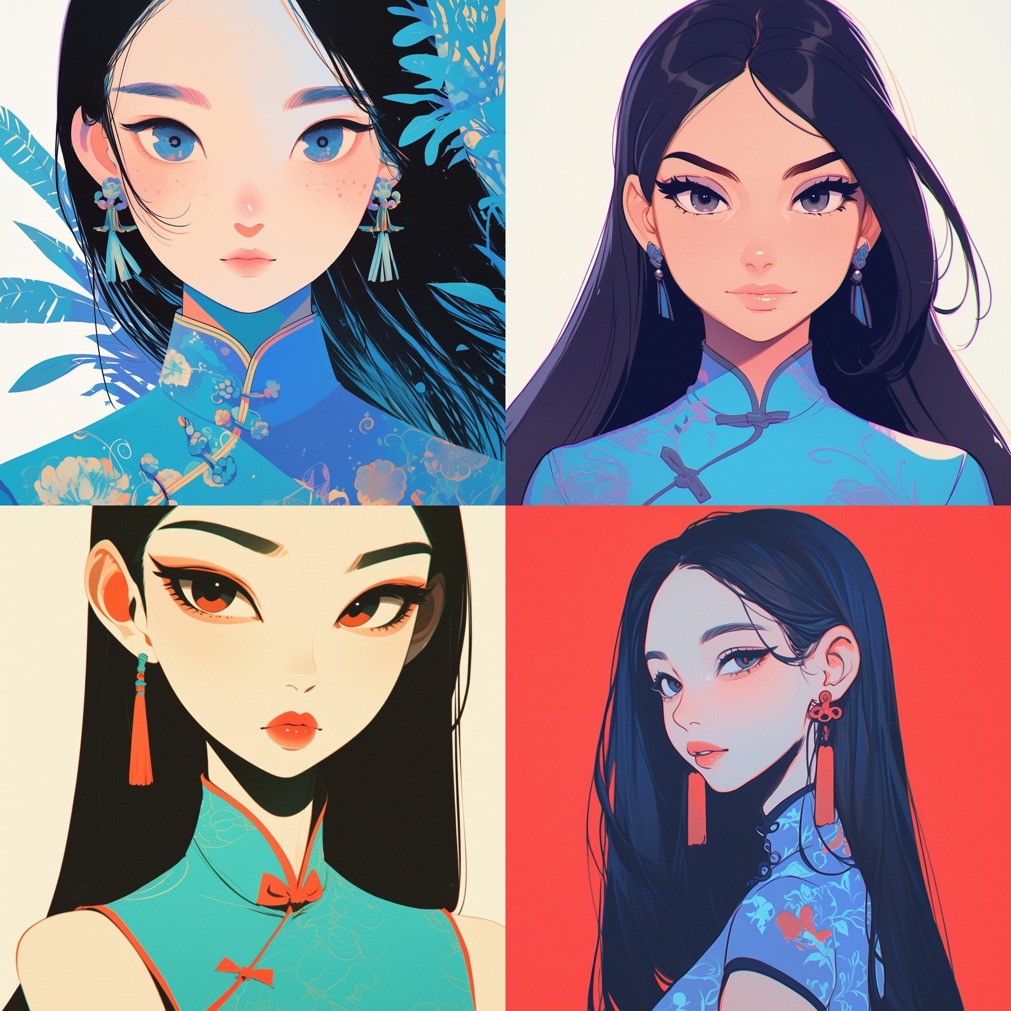 黑色长发中国女孩，淡蓝色旗袍，纠结珠宝，圆脸，极简主义肖像，几何形状，白色明亮背景，清晰新流行插图风格，动画gif，dolly kei，卡通人物，全景，头部视图，粗体，卡通石版画，看镜头，柔和光线，鲜艳色彩，卡通化，简洁线条，现代感，东方美学，静态动感结合。