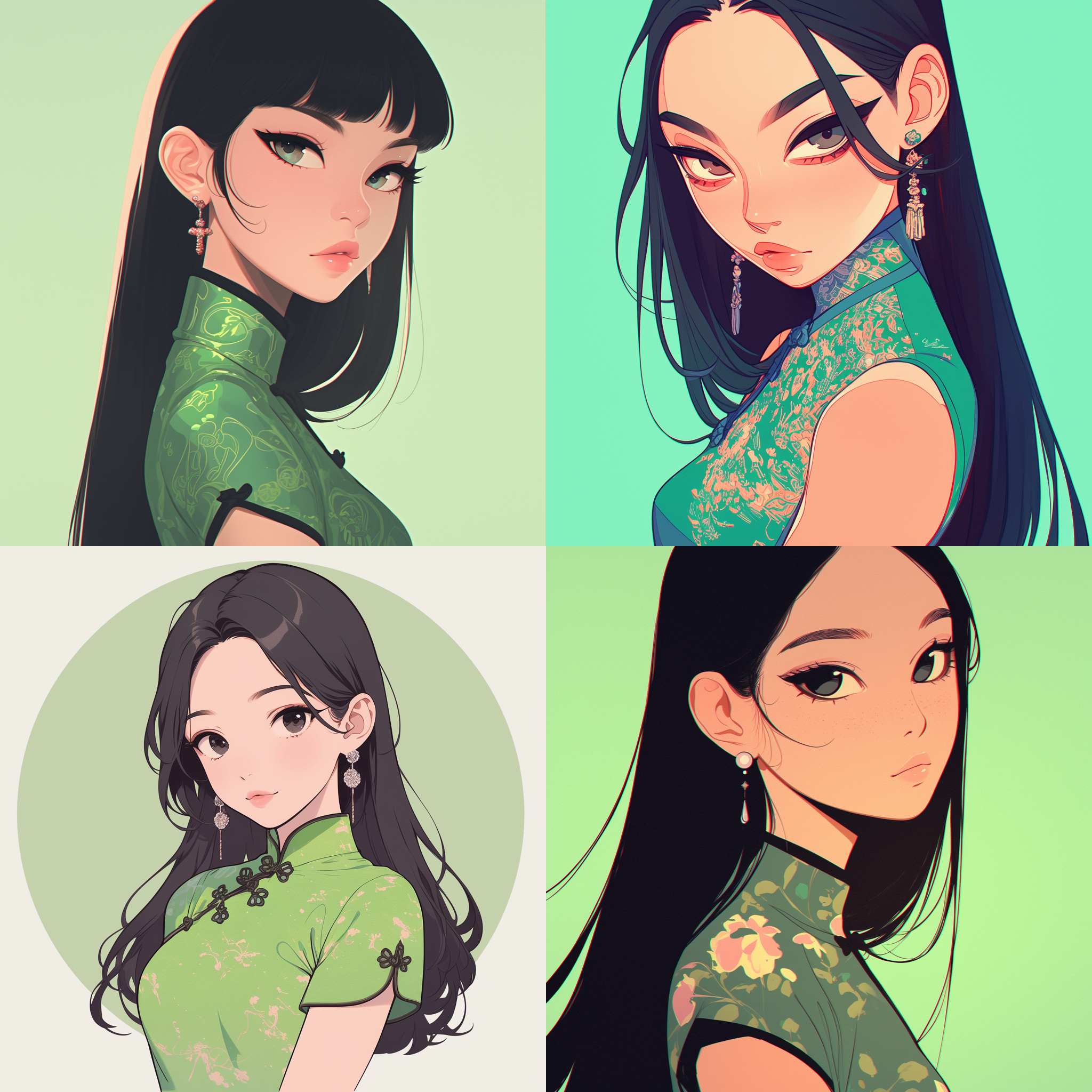 一位黑色长发中国女孩，穿着绿色旗袍，纠结的珠宝，圆脸，极简主义肖像，几何形状，哑光浅绿色背景，清晰的新流行插图风格，动画 gif，dolly kei，卡通人物，全景，头部视图，粗体，卡通石版画，看镜头