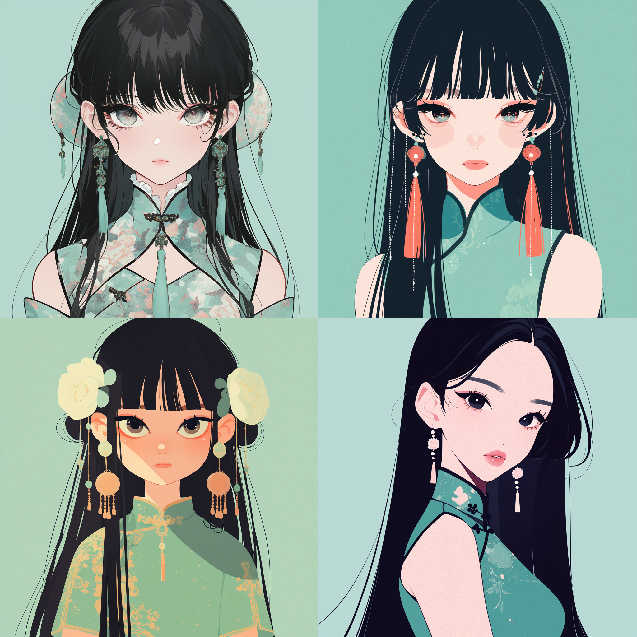 一位黑色长发中国女孩，穿着绿色旗袍，纠结的珠宝，圆脸，极简主义肖像，几何形状，哑光浅蓝色背景，清晰的新流行插图风格，动画 gif，dolly kei，卡通人物，全景，头部视图，粗体，卡通石版画，看镜头