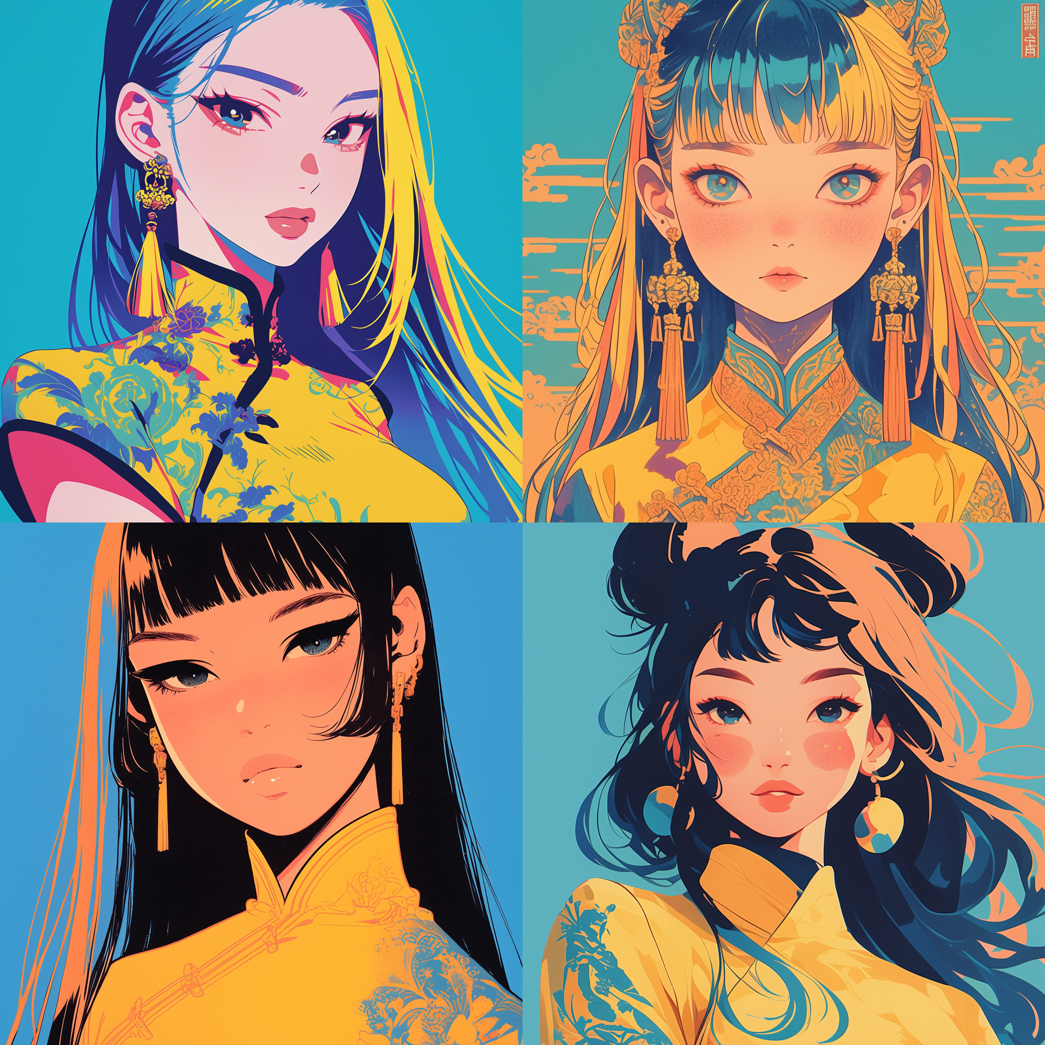 色长发中国女孩，黄色旗袍，纠结珠宝，圆脸，极简主义肖像，几何形状，哑光蓝色背景，清晰新流行插图风格，动画gif，dolly kei，卡通人物，全景，头部视图，粗体，卡通石版画，看镜头，高对比度，暖色调，广角镜头，正面光，静态，专注细节。