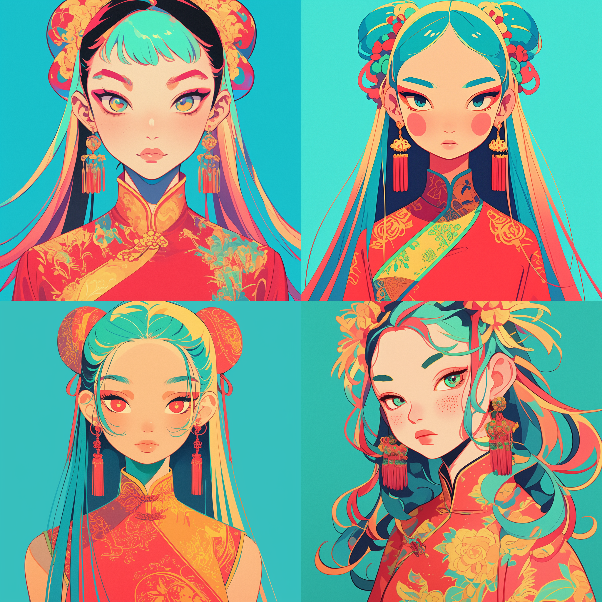 色长发中国女孩，红黄旗袍，纠结珠宝，圆脸，极简主义肖像，几何形状，哑光蓝背景，清晰新流行插图风格，动画gif，dolly kei，卡通人物，全景，头部视图，粗体，卡通石版画，看镜头，高对比度，冷色调，广角镜头，正面光，静态，专注细节。