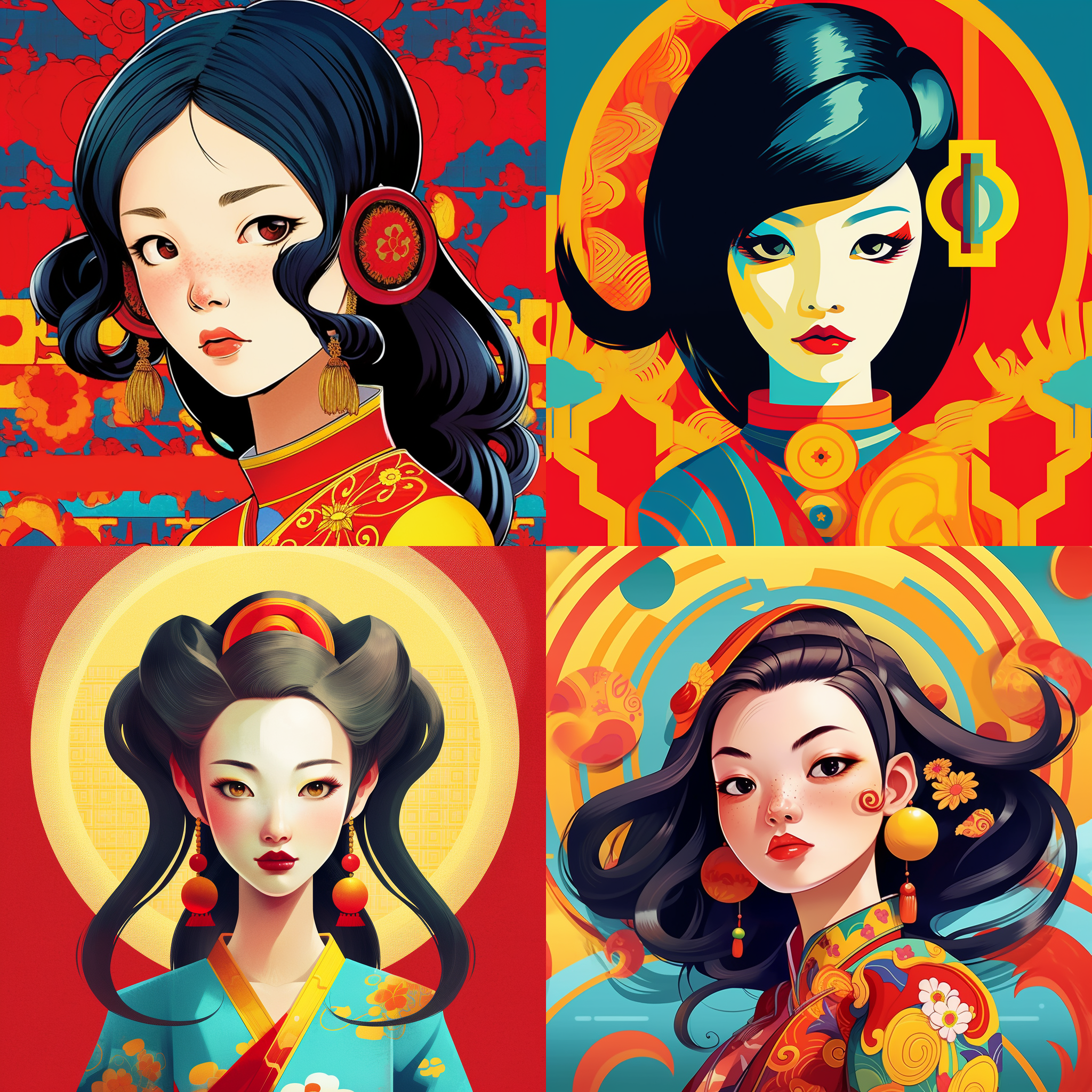 色长发中国女孩，红黄旗袍，纠结珠宝，圆脸，极简主义肖像，几何形状，哑光蓝背景，清晰新流行插图风格，动画gif，dolly kei，卡通人物，全景，，粗体，卡通石版画，看镜头，高对比度，冷色调，广角镜头，正面光，静态，专注细节。