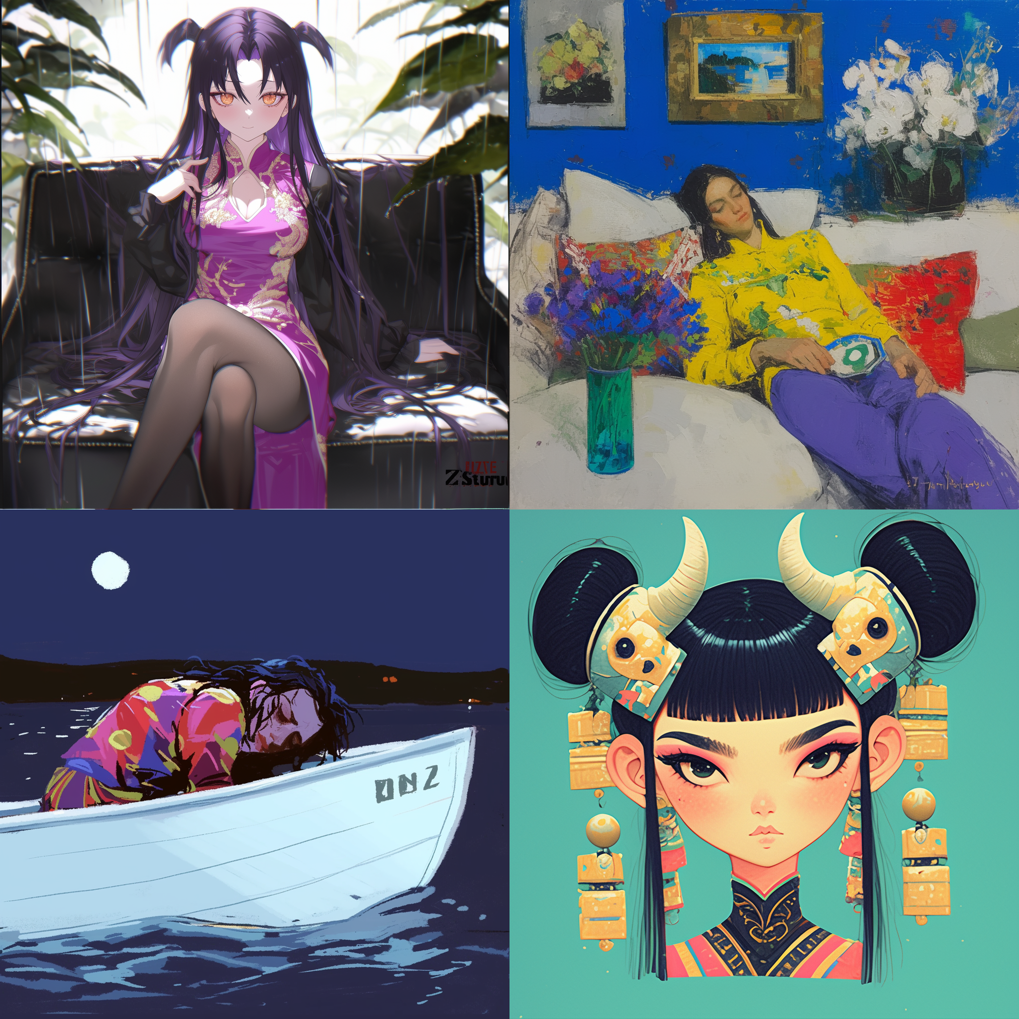 van gogh .现主义风格，抽象扭曲，色彩鲜明，强烈对比，暗色调，广角镜头，侧光，动态模糊，情感强烈，紧张不安。小暑，紫黄旗袍，纠结珠宝，瓜子脸，坐在沙发上，在船上，在湖中，有月亮，几何形状，哑光蓝背景，清晰新流行插图风格，动画gif，dolly kei，全景，粗体，卡通石版画，看镜头，相对对比度，，广角镜头，正面光，静态，专注细节，表现主义