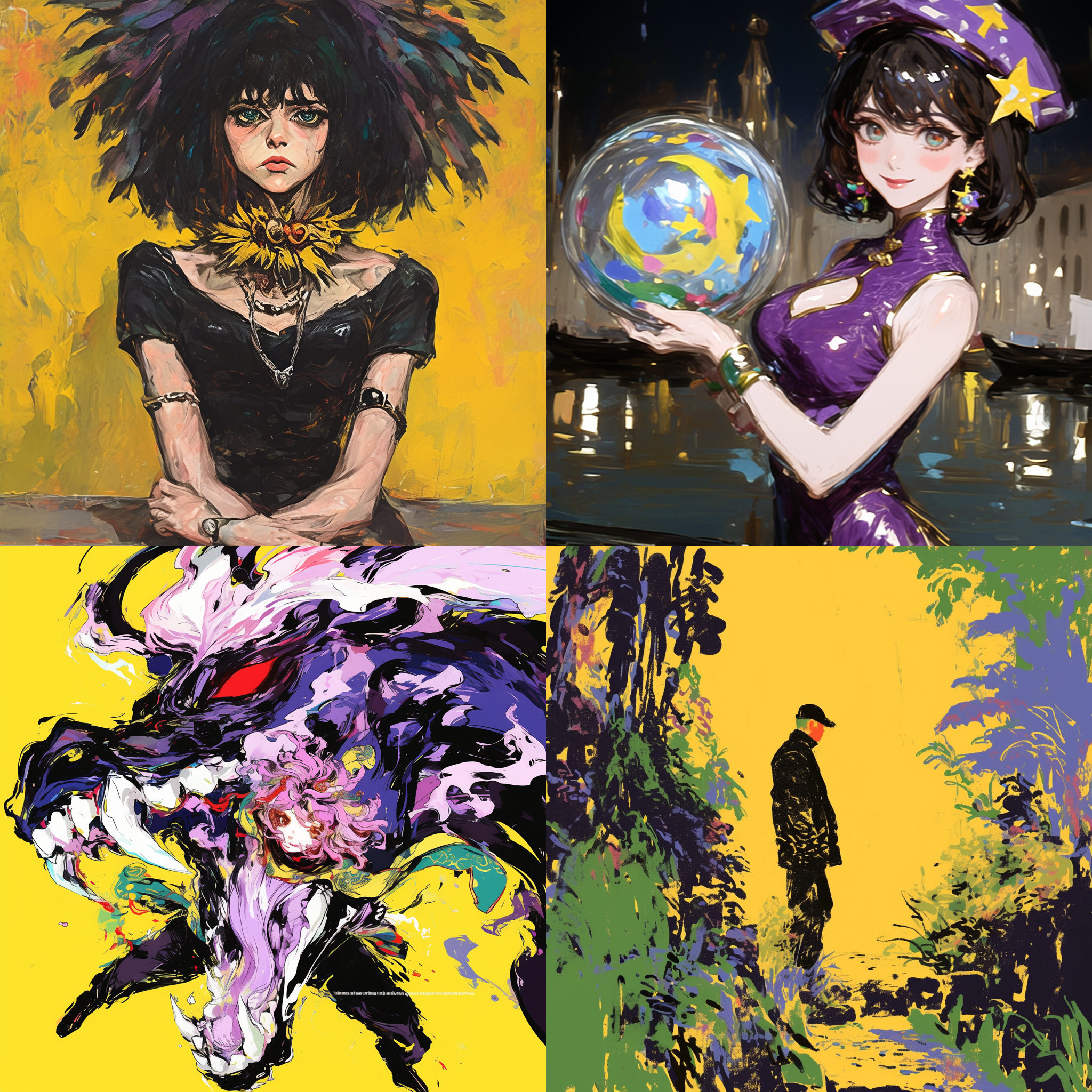 .现主义风格，抽象扭曲，色彩鲜明，强烈对比，暗色调，广角镜头，侧光，动态模糊，情感强烈，紧张不安。小暑，紫黄旗袍，纠结珠宝，瓜子脸，坐在沙发上，在船上，在湖中，有月亮，几何形状，哑光蓝背景，清晰新流行插图风格，全景，粗体，卡通石版画，看镜头，相对对比度，，广角镜头，正面光，静态，专注细节，表现主义