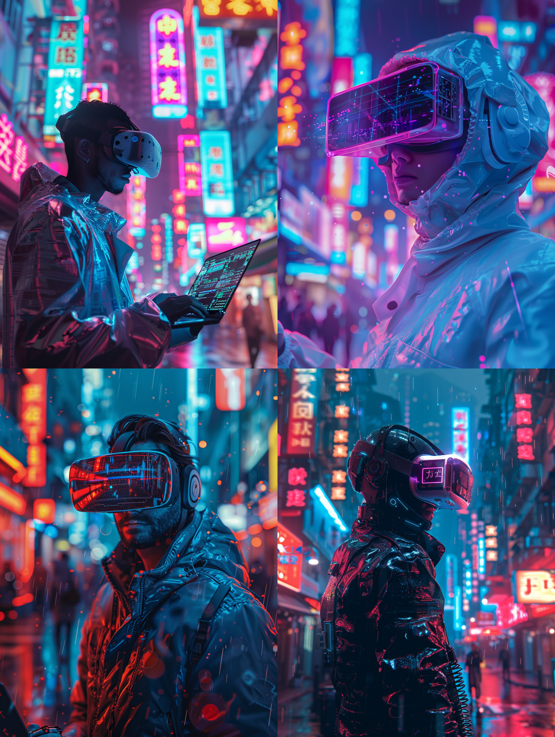 a 30-year-old man, carrying a laptop and keyboard, in a futuristic world, cyberpunk setting, with vr goggles, electric glove, neon city , glitch art style.
