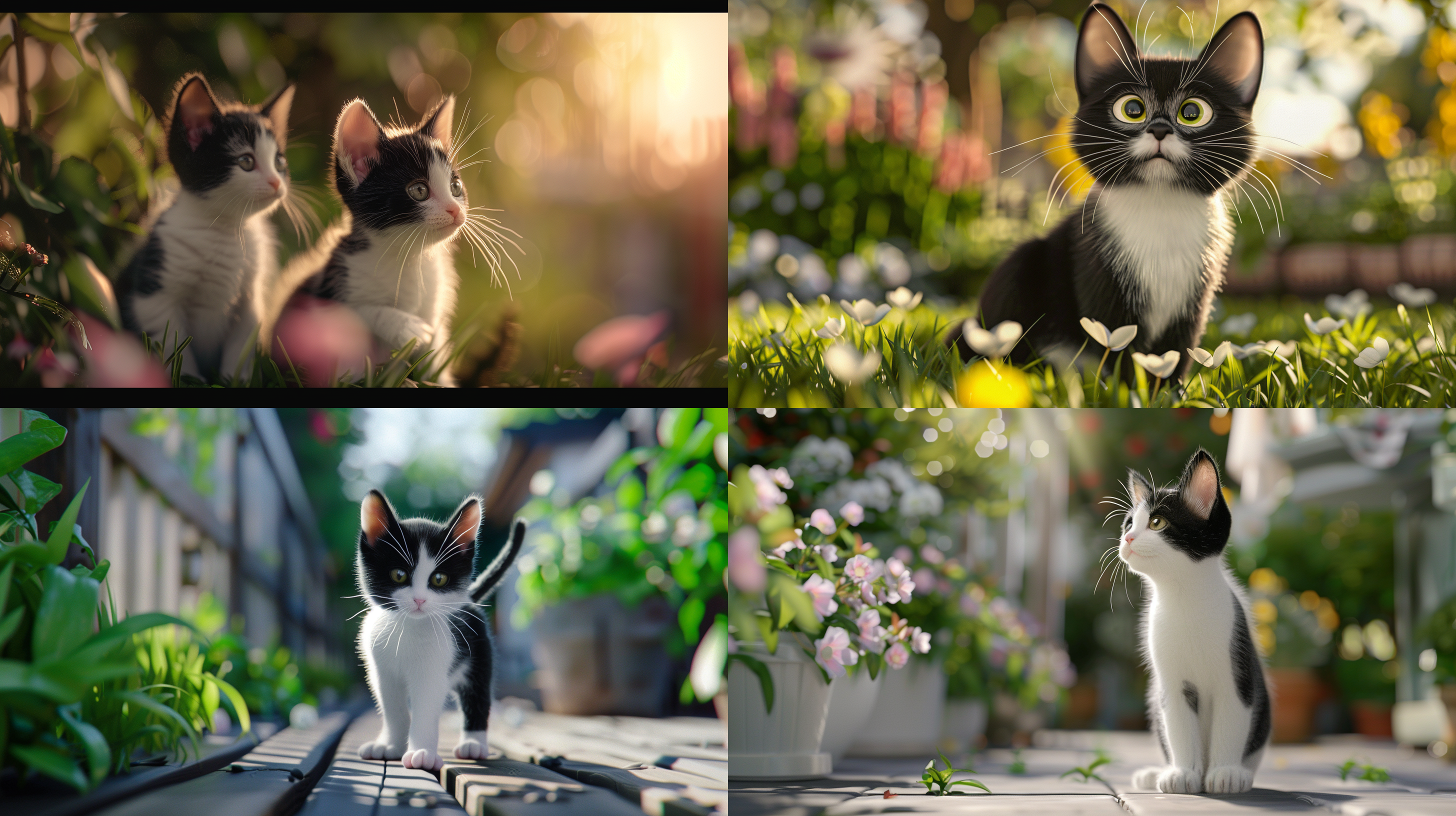 黑白相间小猫，3d渲染，自然光，花园背景，高饱和度，宫崎骏风格，逼真细节，全景照，超高分辨率，清晰线条，专业摄影，可爱表情，柔和光线，细腻毛发，色彩鲜明，温馨氛围，艺术感，静态捕捉，自然环境，宽广视野，生动表现。