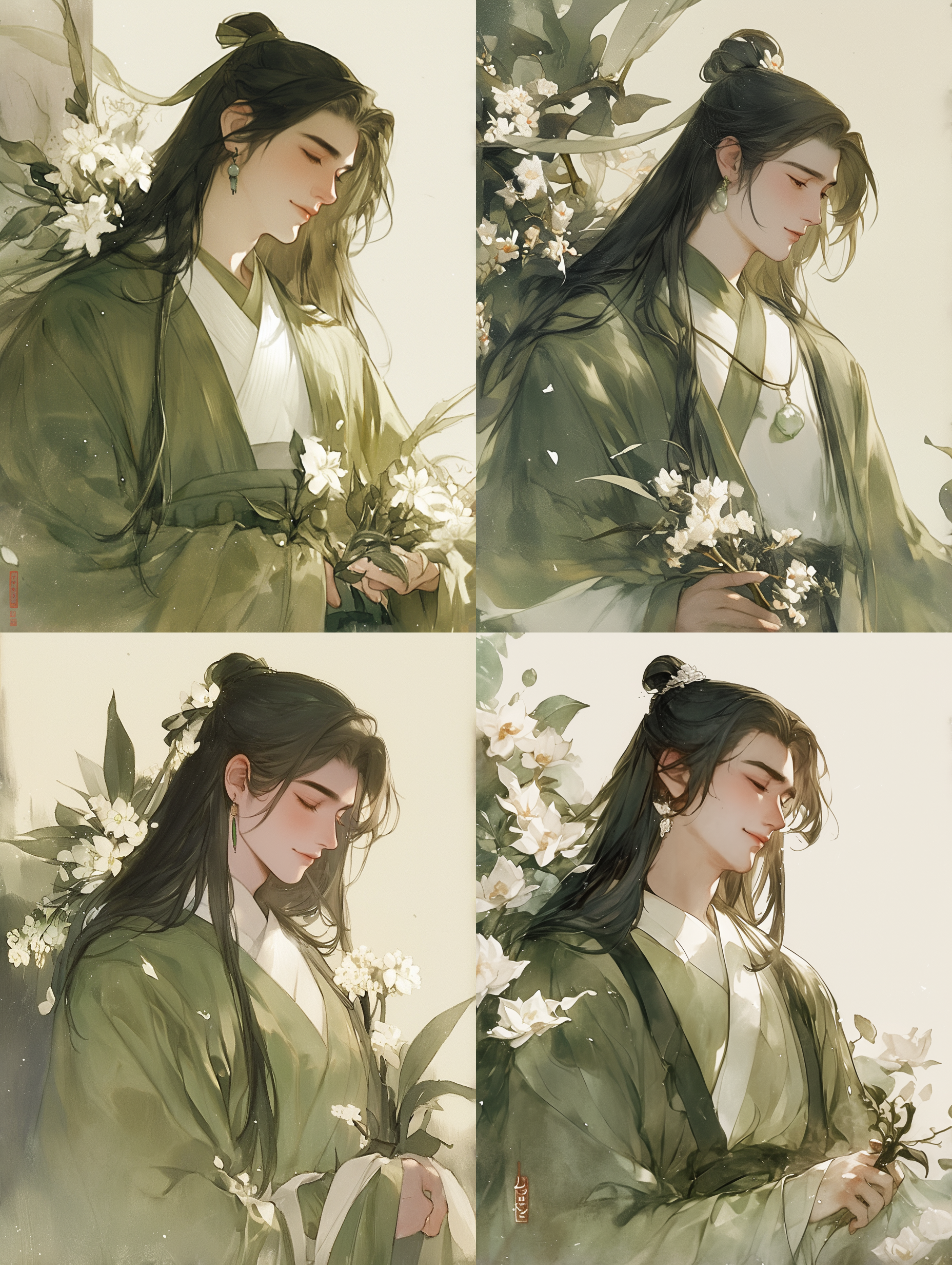中国古代男青年，黑色披肩长发，刘海柔顺，俊美温柔，温柔微笑，身材高大，手拿草药，草绿色长袍，衣袖宽大，微风吹拂，白色小花环绕，身上佩戴玉饰，动作优雅，正面半身像，伊吹五月风格，水彩平涂，环境明亮，水墨质感，色彩淡雅，低饱和度，气氛宁静，广角镜头，自然光，柔和色调，宁静氛围，优雅动作，水墨效果，平涂技法，低对比度，细节丰富，服饰华丽，草药自然，玉饰精致，小花点缀，长发飘逸，微笑迷人，身材挺拔，环境和谐，色彩协调，气氛平和。