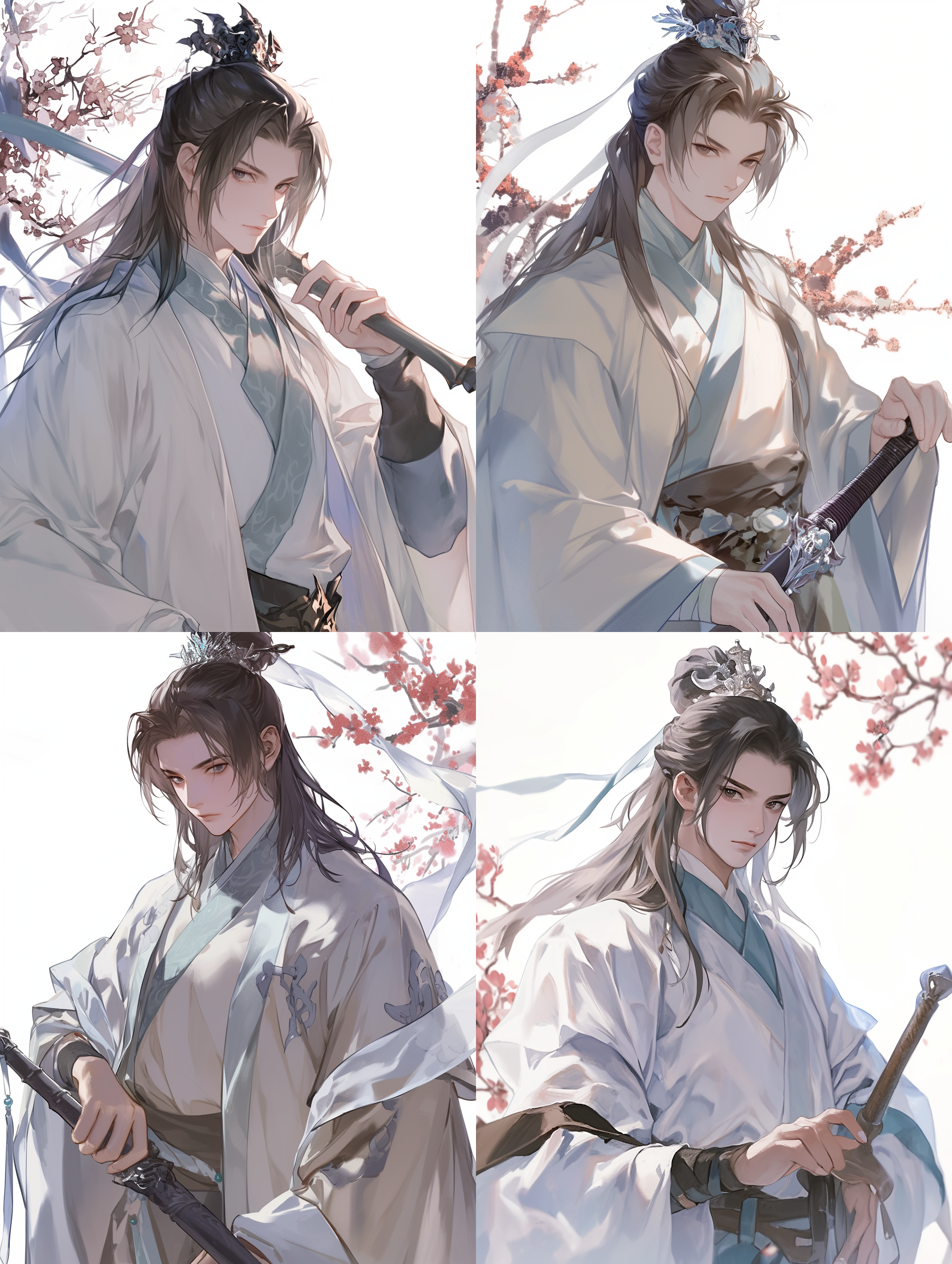 中国古代男青年，黑色长发，大背头，盘髻，玉冠，成熟英俊，眼神温柔，身材高大，明亮的浅棕色眼睛，昂首挺胸的站姿，手拿宝剑，手指清晰精致，朴素的白色布袍，浅蓝色的花纹，正面半身像，雪景，红梅，伊吹鸡腿子风格，水彩平涂，色调柔和，色彩淡雅，低饱和度，高分辨率，自然光，静态，优雅，宁静，古典美。