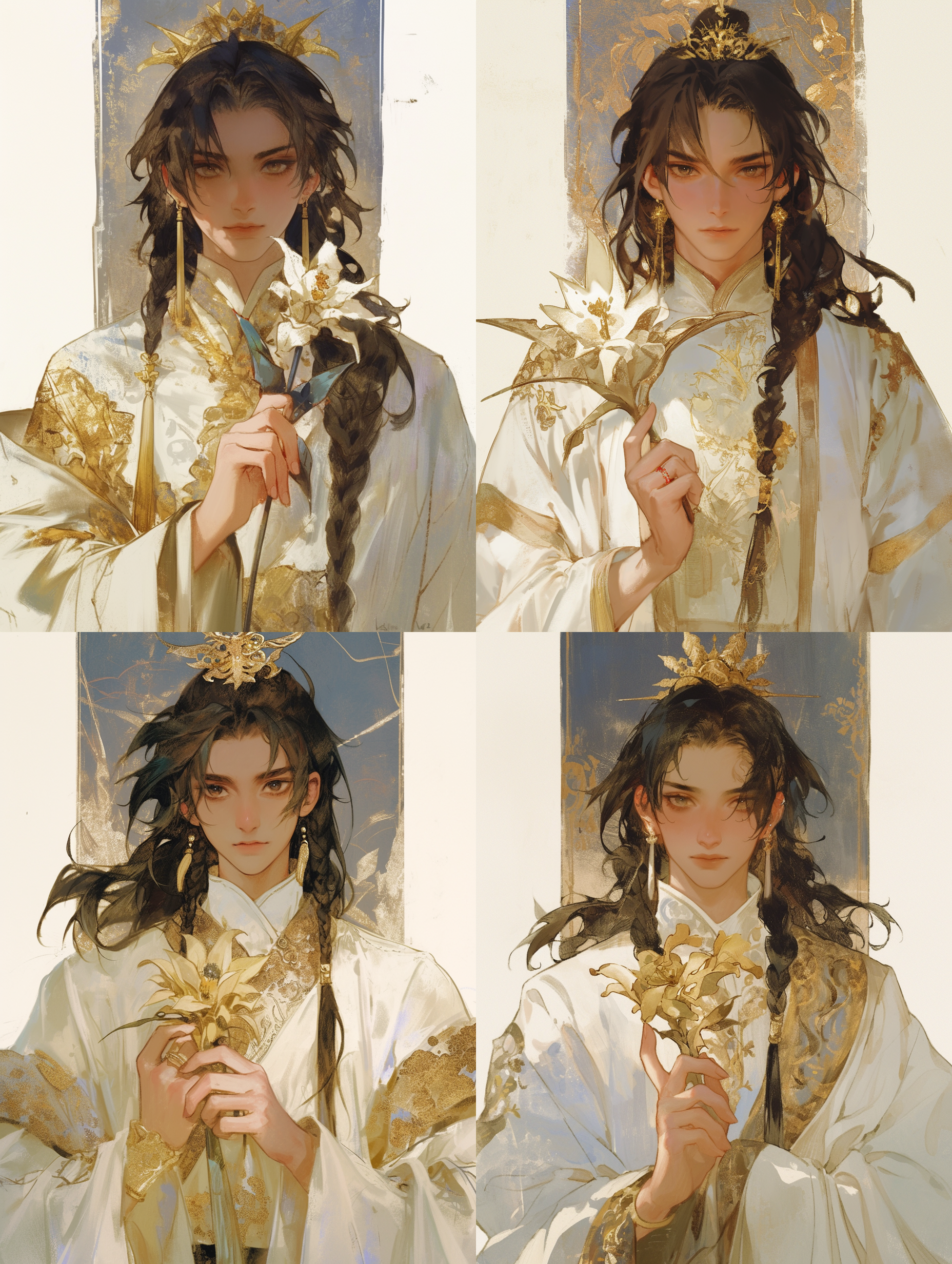 十六岁少年，黑色长发，辫子垂胸，金冠，英俊，笑容灿烂，棕色眼睛，白色锦袍，金色花纹，手持金色花朵，正面半身，略微抬头，简洁复古门窗背景，伊吹鸡腿子风格，水彩平涂，色调柔和，低饱和度，大量细节，古典美，宁静优雅，静态，正面光，中焦镜头，高分辨率，细腻纹理，古典建筑，暖色调，自然光，静态姿势，古典韵味。