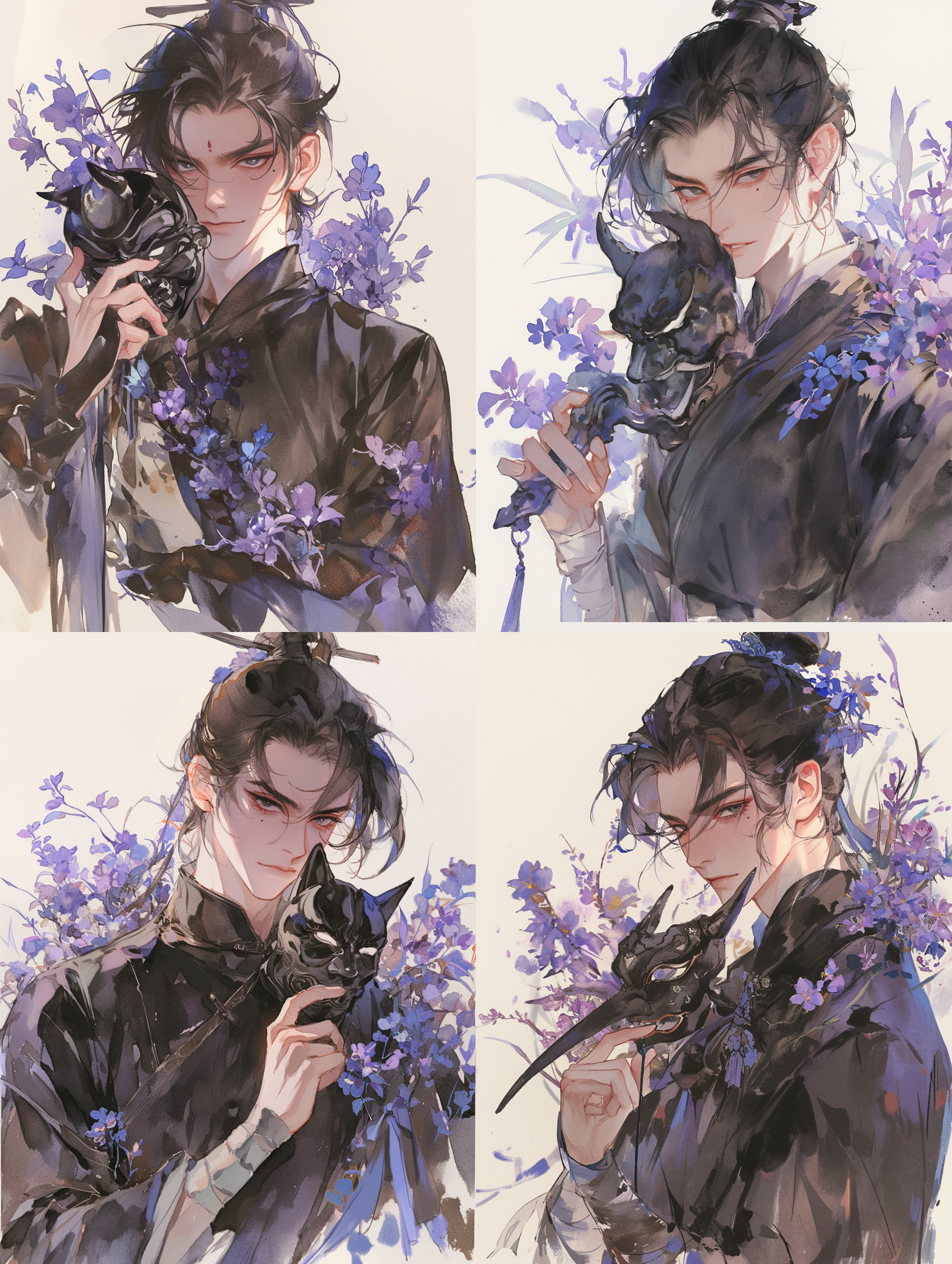 中国古代男青年，黑色盘髻，英俊，邪气微笑，黑眼睛，左眼泪痣，黑色夜行衣，服装简洁，手拿黑色面具，正面半身像，目视镜头，紫色花朵环绕，伊吹鸡腿子风格，水彩平涂，水墨质感，光线黯淡，低饱和度，色彩柔和，细节丰富，画面简洁，阴森氛围，静态构图，高对比度，暗色调，广角镜头，侧光，快速快门，跳跃，紧张。