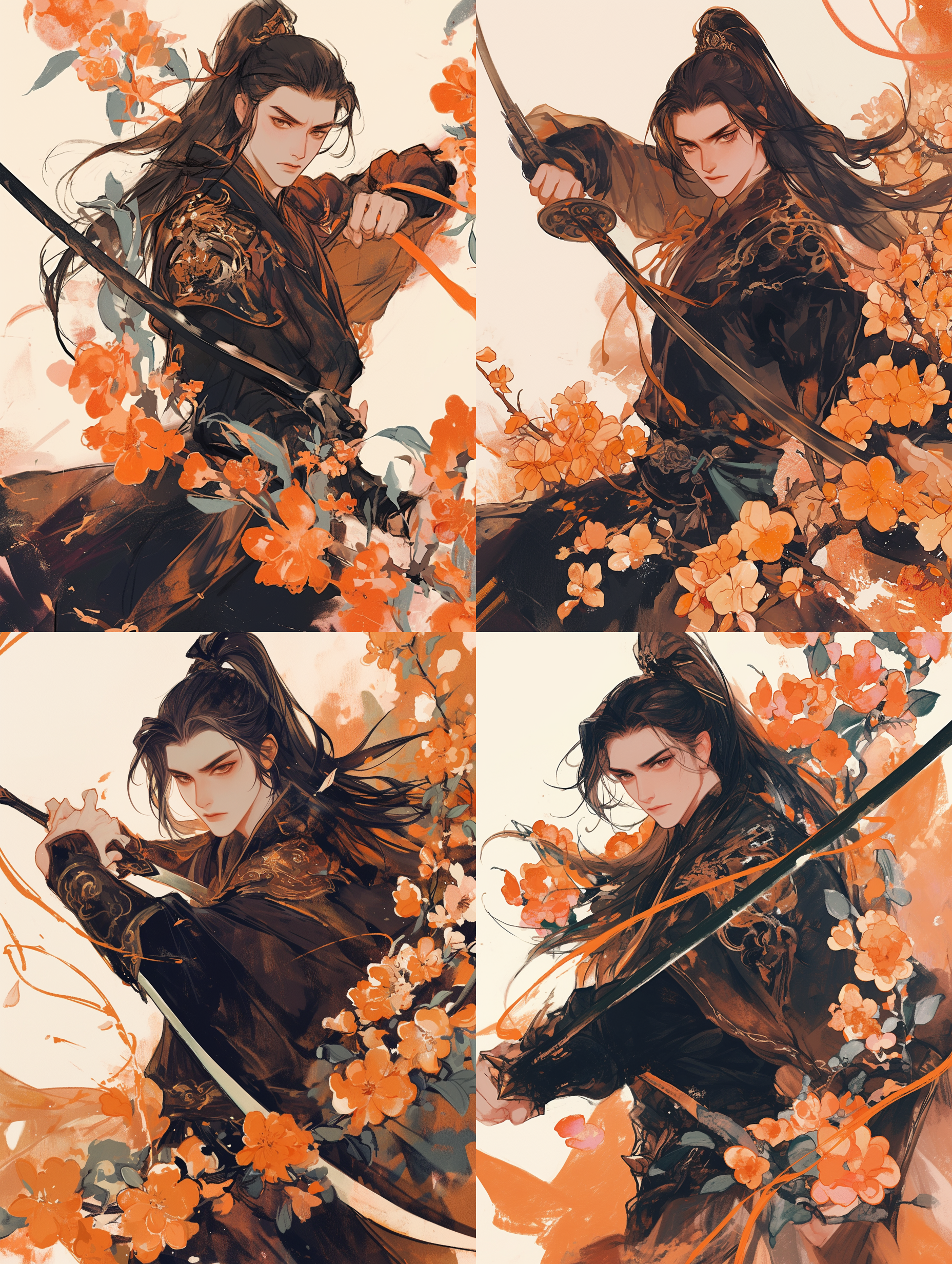 中国古代成年男性，英武帅气，脸型硬朗，长眉入鬓，明亮的浅棕色眼睛，大背头，高马尾，黑色长发飘飘，强壮高大，手拿大刀，深色服装，窄袖，正面半身像，橙色小花点缀，伊吹鸡腿子风格，水彩平涂，水墨质感，低饱和度，色彩柔和，大量细节，半身像，水彩风格，低饱和度，柔和色彩，细节丰富，英武表情，动态姿势，水墨质感，传统服饰，橙色点缀。