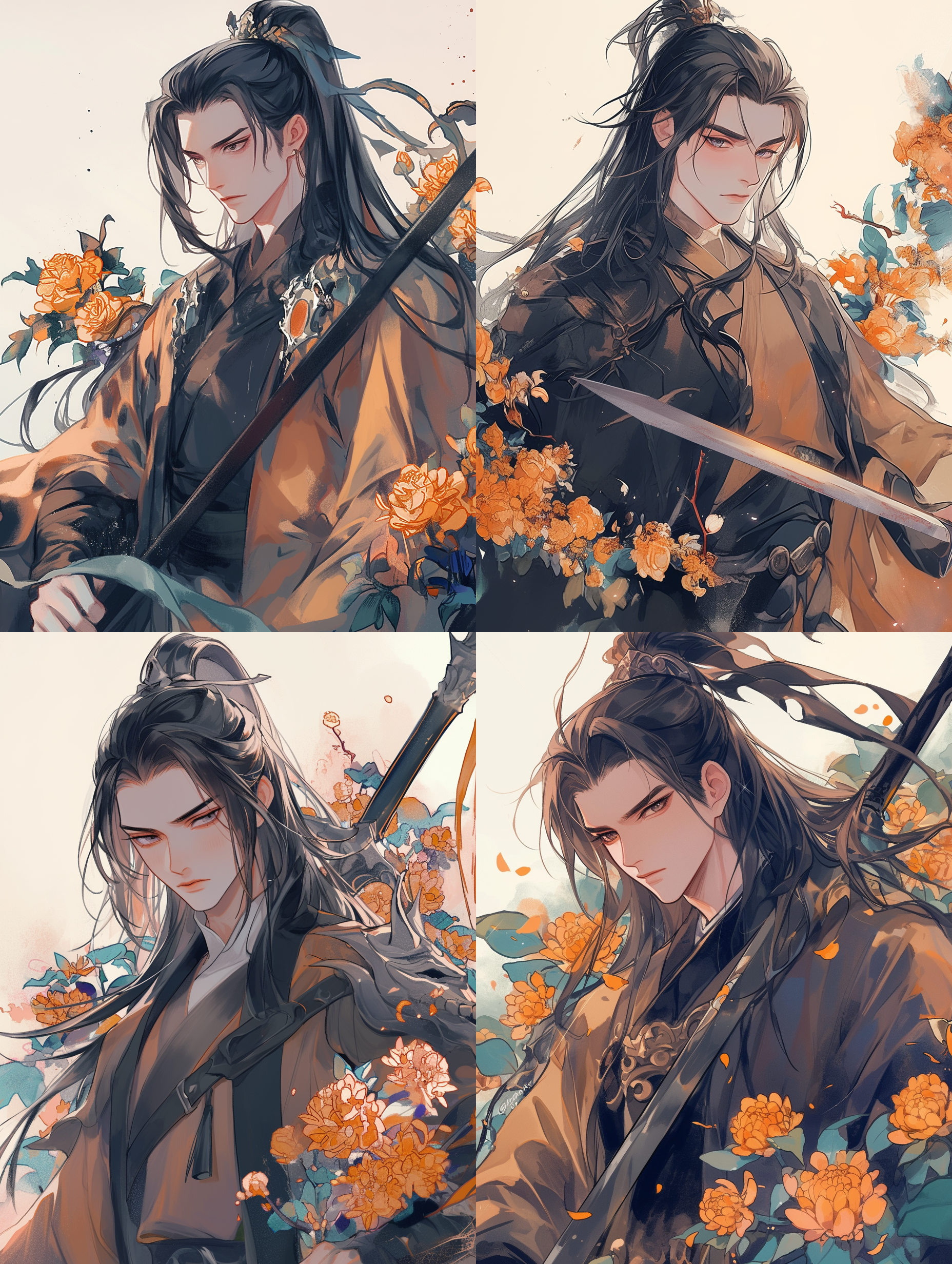 英武帅气古代中国男性，硬朗脸型，长眉入鬓，浅棕色明亮眼睛，大背头高马尾，黑色长发飘飘，强壮高大，手拿大刀，深色服装窄袖，正面半身像，橙色小花点缀，伊吹鸡腿子风格，水彩平涂，水墨质感，低饱和度，色彩柔和，大量细节，广角镜头，侧光，高对比度，暖色调，动态姿势，专注表情。