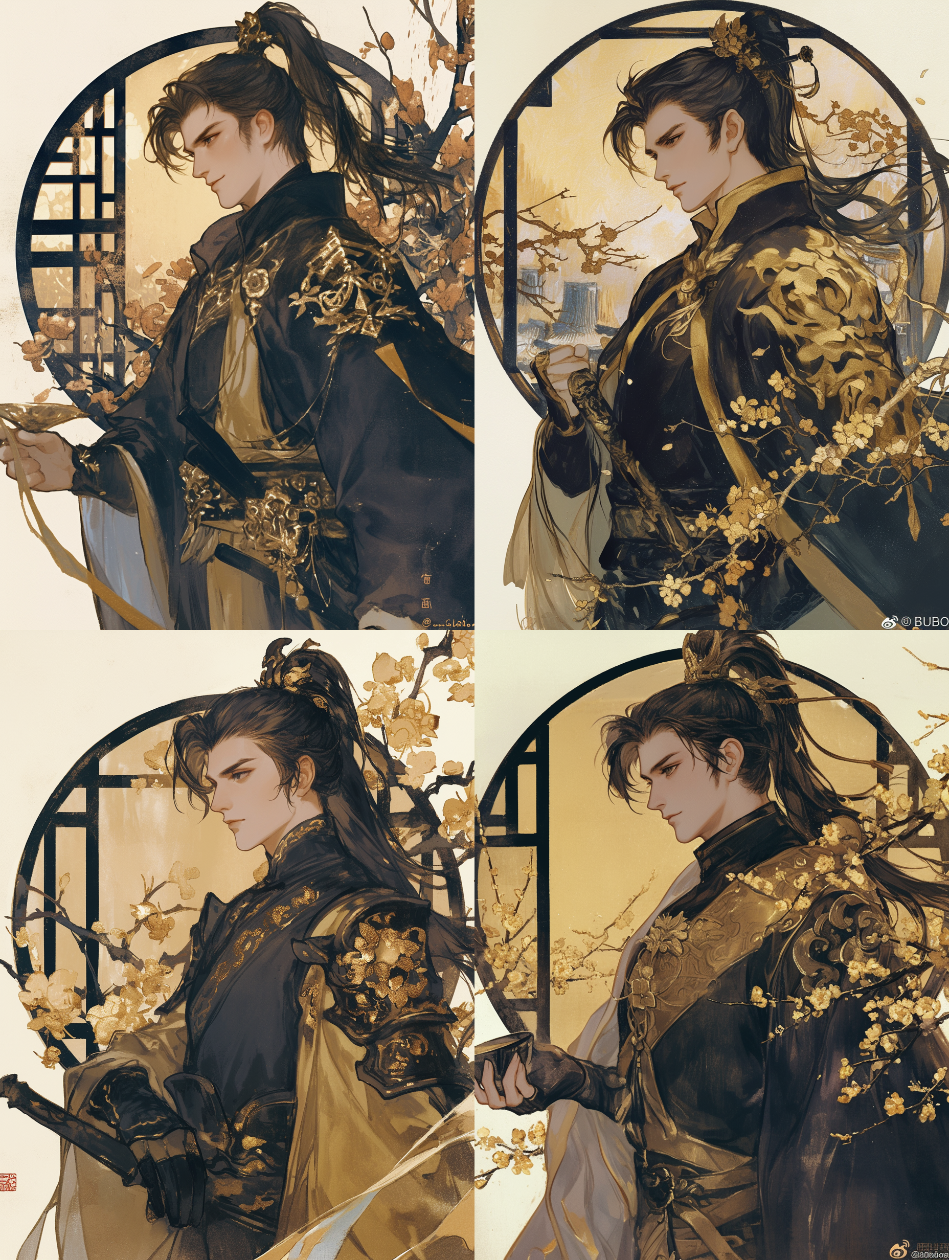 中国古代成年男性，成熟英俊，明亮的黑色眼睛，自信的笑容，高马尾，黑色大卷发，强壮高大，手拿中式酒杯，黑金色服装，正面半身像，金色小花点缀，复古圆窗背景，伊吹鸡腿子风格，水彩平涂，水墨质感，低饱和度，色彩柔和，大量细节，半身像，正面，高马尾，黑色大卷发，中式酒杯，黑金色服装，金色小花，复古圆窗，水彩平涂，水墨质感，低饱和度，柔和色彩，丰富细节。