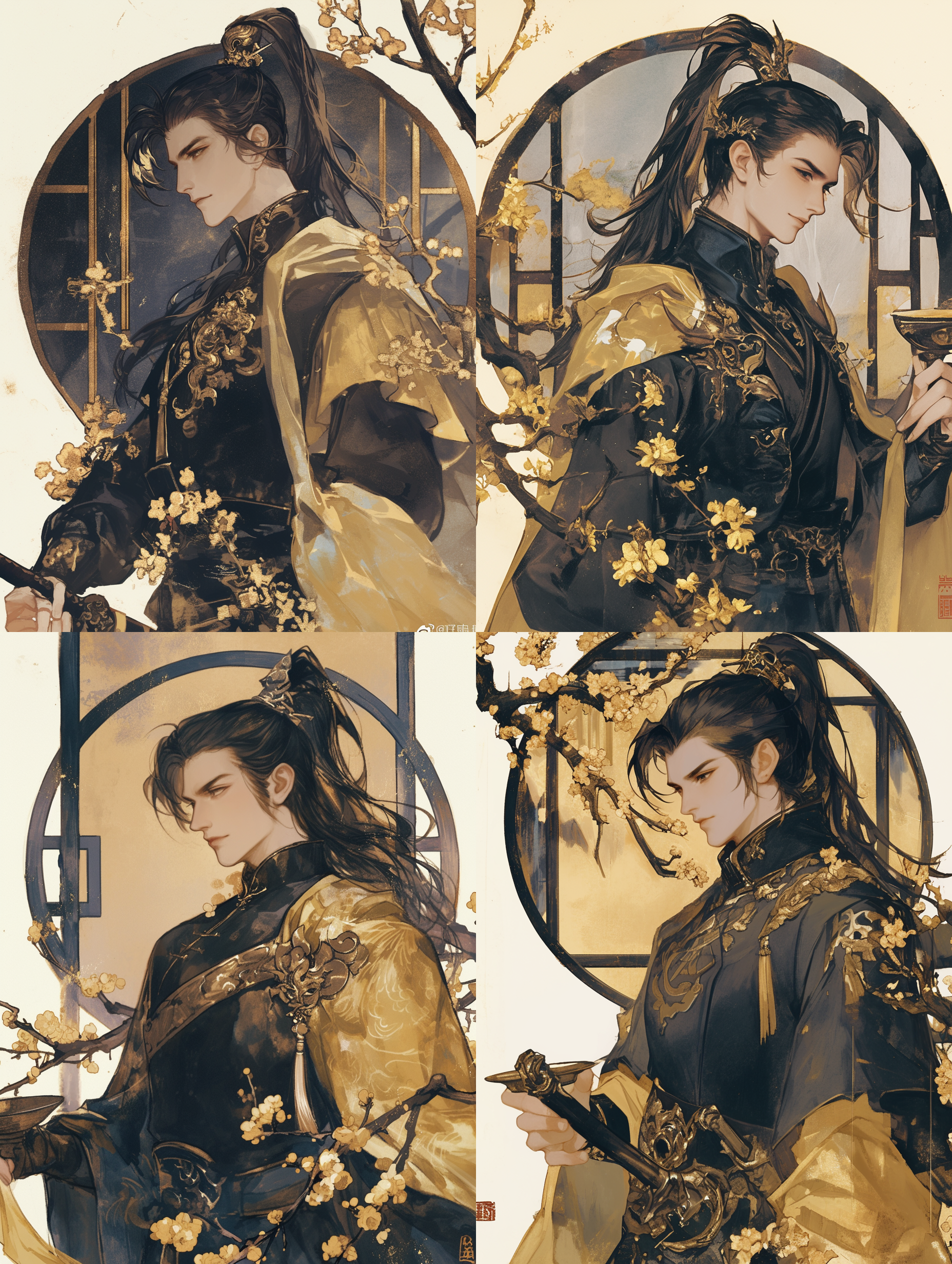 中国古代成年男性，成熟英俊，明亮的黑色眼睛，自信的笑容，高马尾，黑色大卷发，强壮高大，手拿中式酒杯，黑金色服装，正面半身像，金色小花点缀，复古圆窗背景，伊吹鸡腿子风格，水彩平涂，水墨质感，低饱和度，色彩柔和，大量细节，半身像，正面，高马尾，黑色大卷发，中式酒杯，黑金色服装，金色小花，复古圆窗，水彩平涂，水墨质感，低饱和度，柔和色彩，丰富细节。