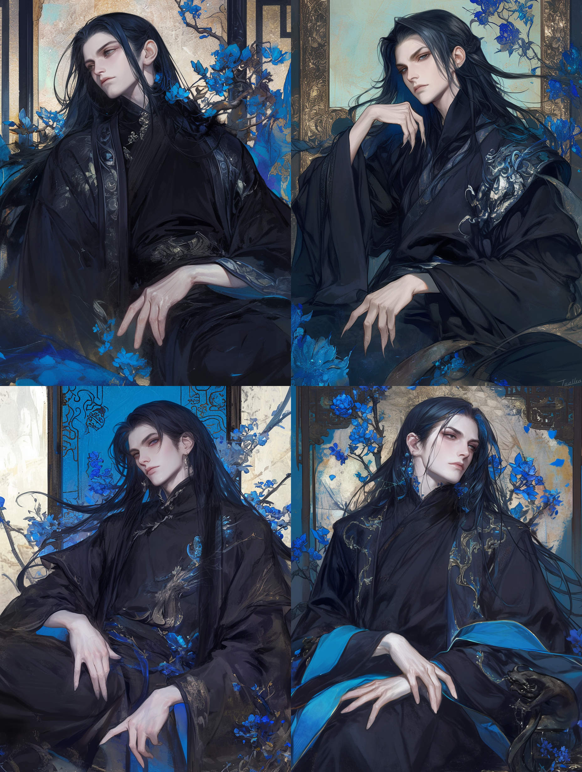 中国古代成年男性，成熟英俊，深邃黑色眼睛，红润嘴唇，冷漠表情，黑色长发披肩，强壮高大，黑色服装，青色花纹，正面半身像，正脸朝镜头，端正坐姿，青色小花点缀，复古屏风背景，伊吹鸡腿子风格，水彩平涂，水墨质感，低饱和度，气氛阴暗，画面简洁，高对比度，侧光，广角镜头，暖色调，快速快门，跳跃，紧张。