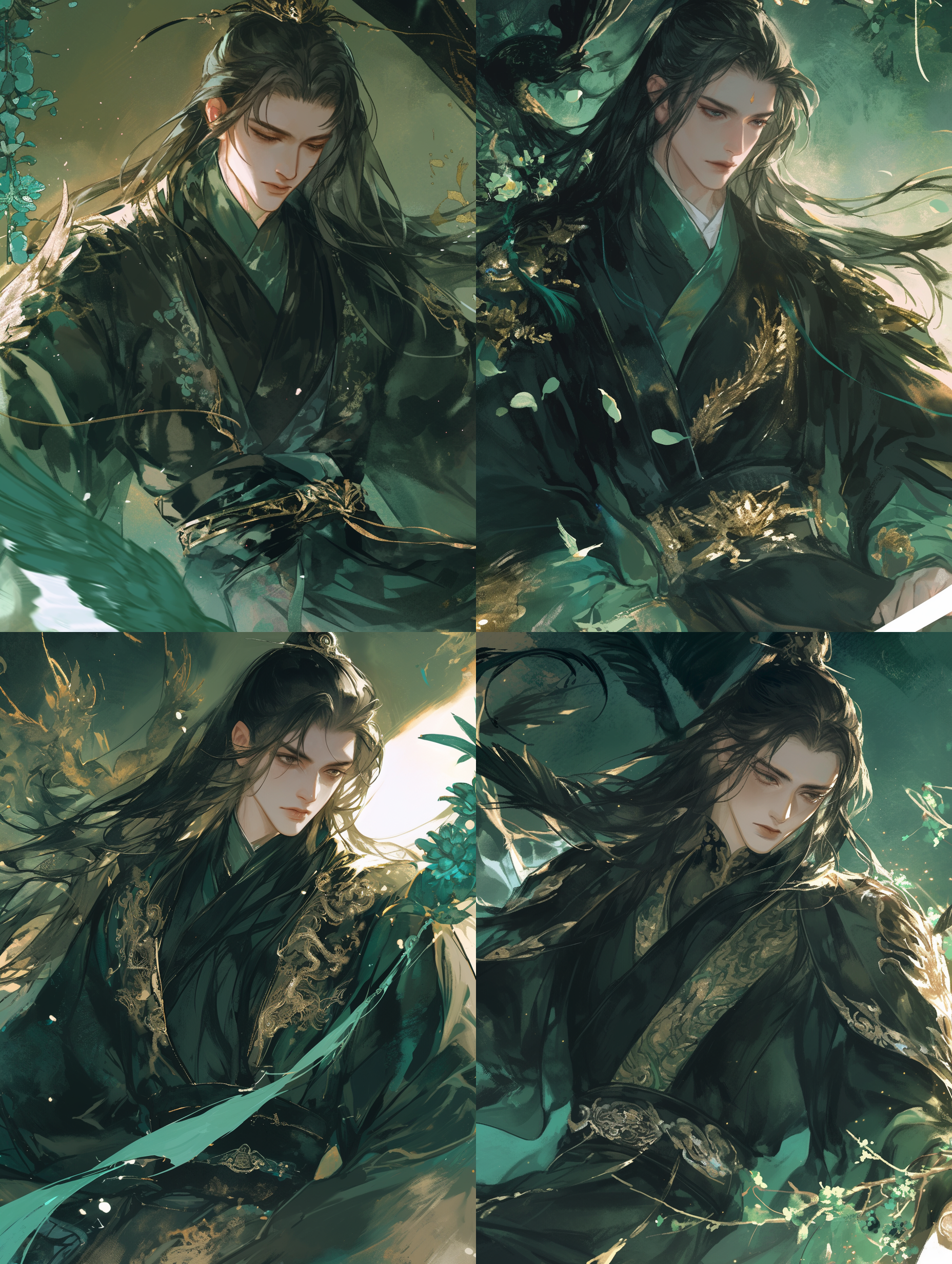 中国古代成年男性，成熟英俊，深邃黑色眼睛，红润嘴唇，冷漠表情，黑色长发，强壮高大，黑色服装，青色花纹，正面半身像，正脸朝镜头，端正坐姿，青色小花点缀，复古屏风背景，伊吹鸡腿子风格，水彩平涂，水墨质感，低饱和度，气氛阴暗，大量细节，对角线布局，高对比度，房间里，暖色调，广角镜头，侧光，快速快门，跳跃，紧张。