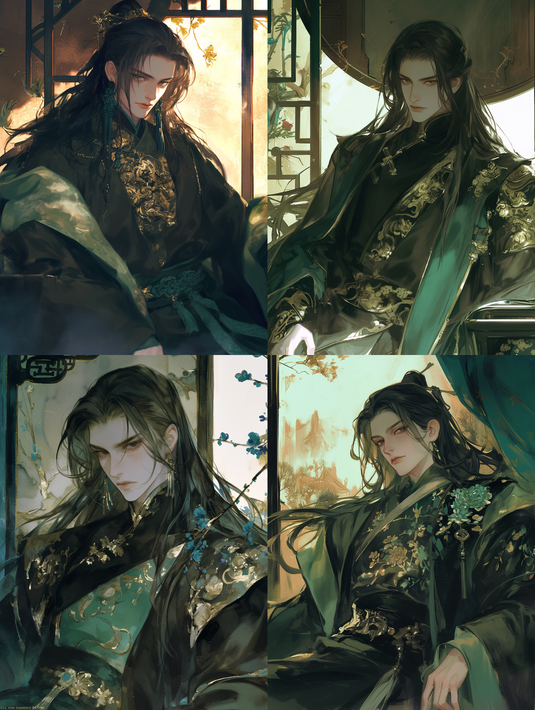 中国古代成年男性，成熟英俊，深邃黑色眼睛，红润嘴唇，冷漠表情，黑色长发，强壮高大，黑色服装，青色花纹，正面半身像，正脸朝镜头，端正坐姿，青色小花点缀，复古屏风背景，伊吹鸡腿子风格，水彩平涂，水墨质感，低饱和度，气氛阴暗，大量细节，对角线布局，高对比度，房间里，暖色调，广角镜头，侧光，快速快门，跳跃，紧张。